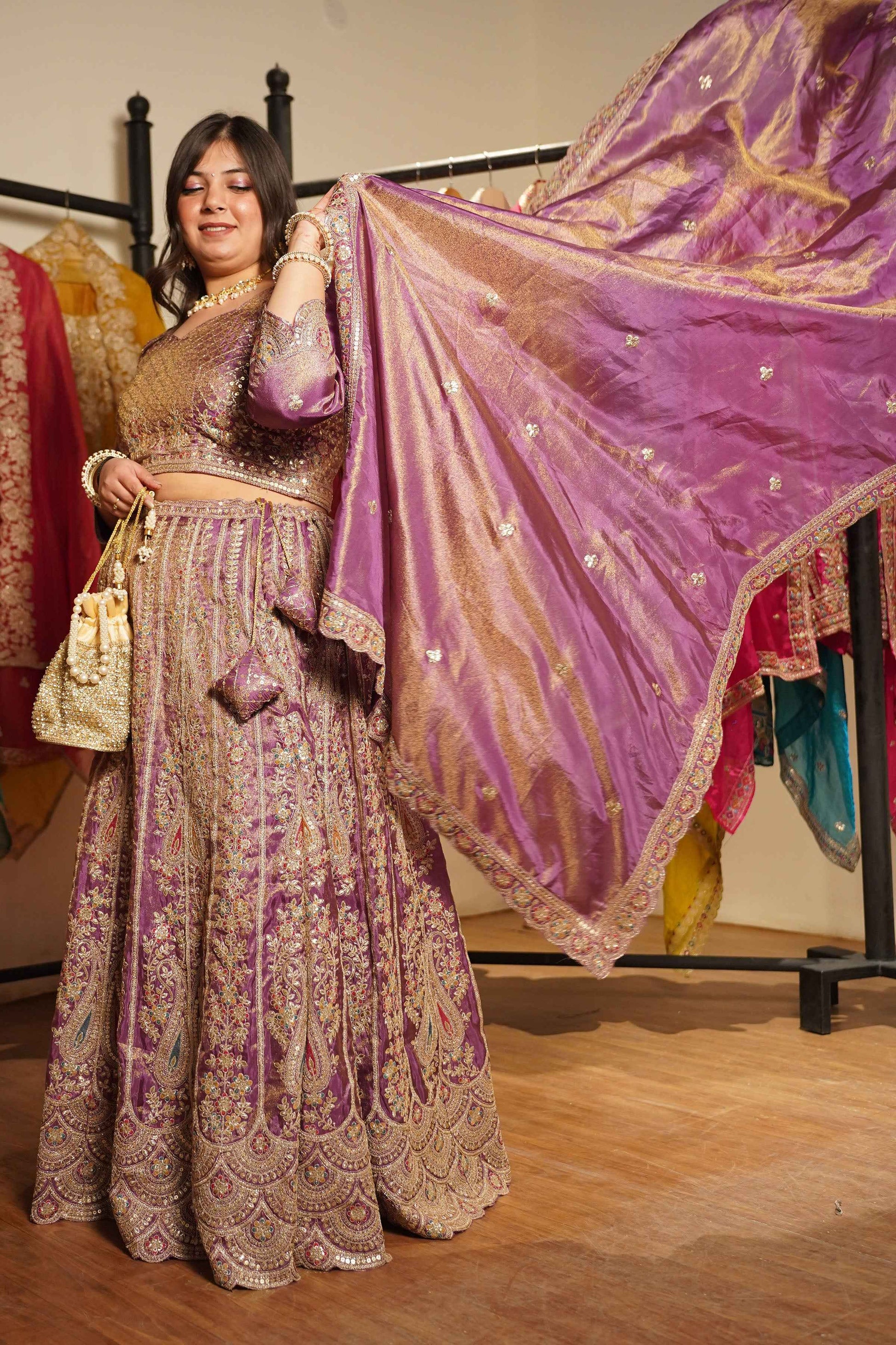 Rivaya Lavender Tissue Lehenga With Zari Embroidery