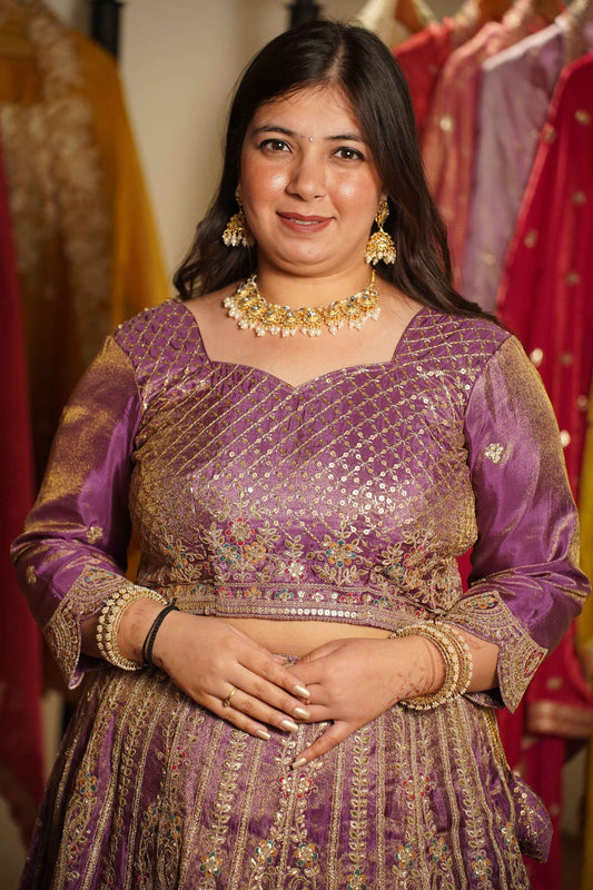 Rivaya Lavender Tissue Lehenga With Zari Embroidery