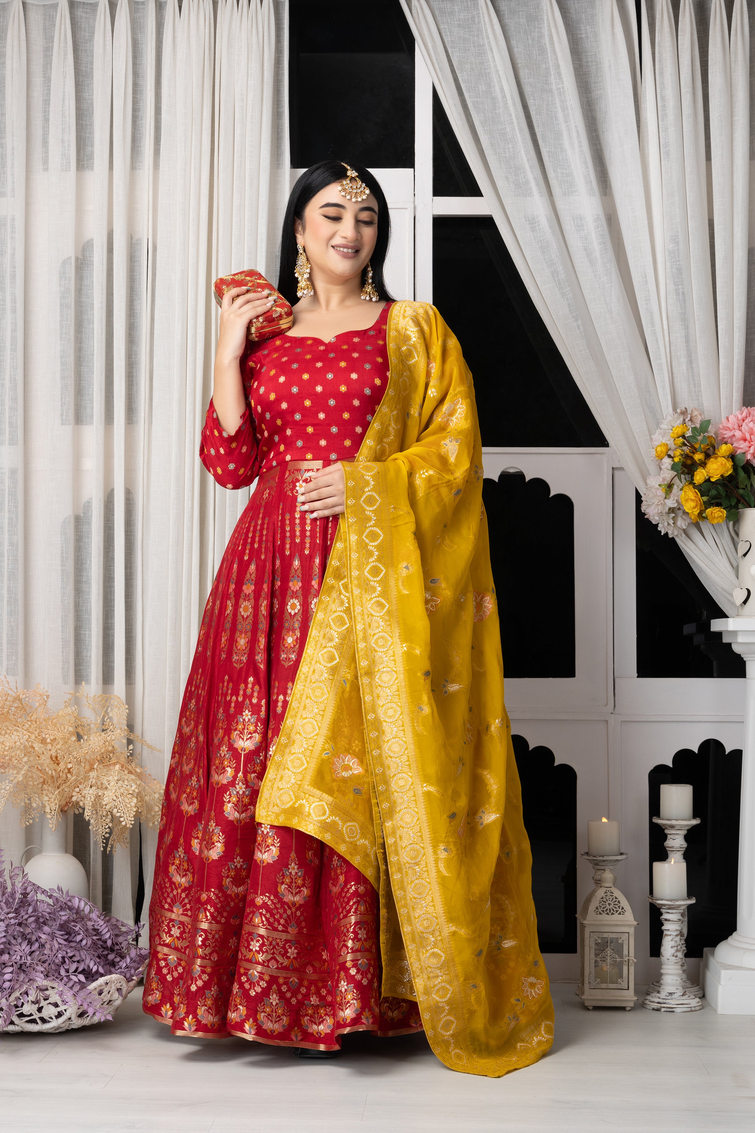 Yellow Banarasi Anarkali Dress with Dupatta( FW ) – ekantastudio
