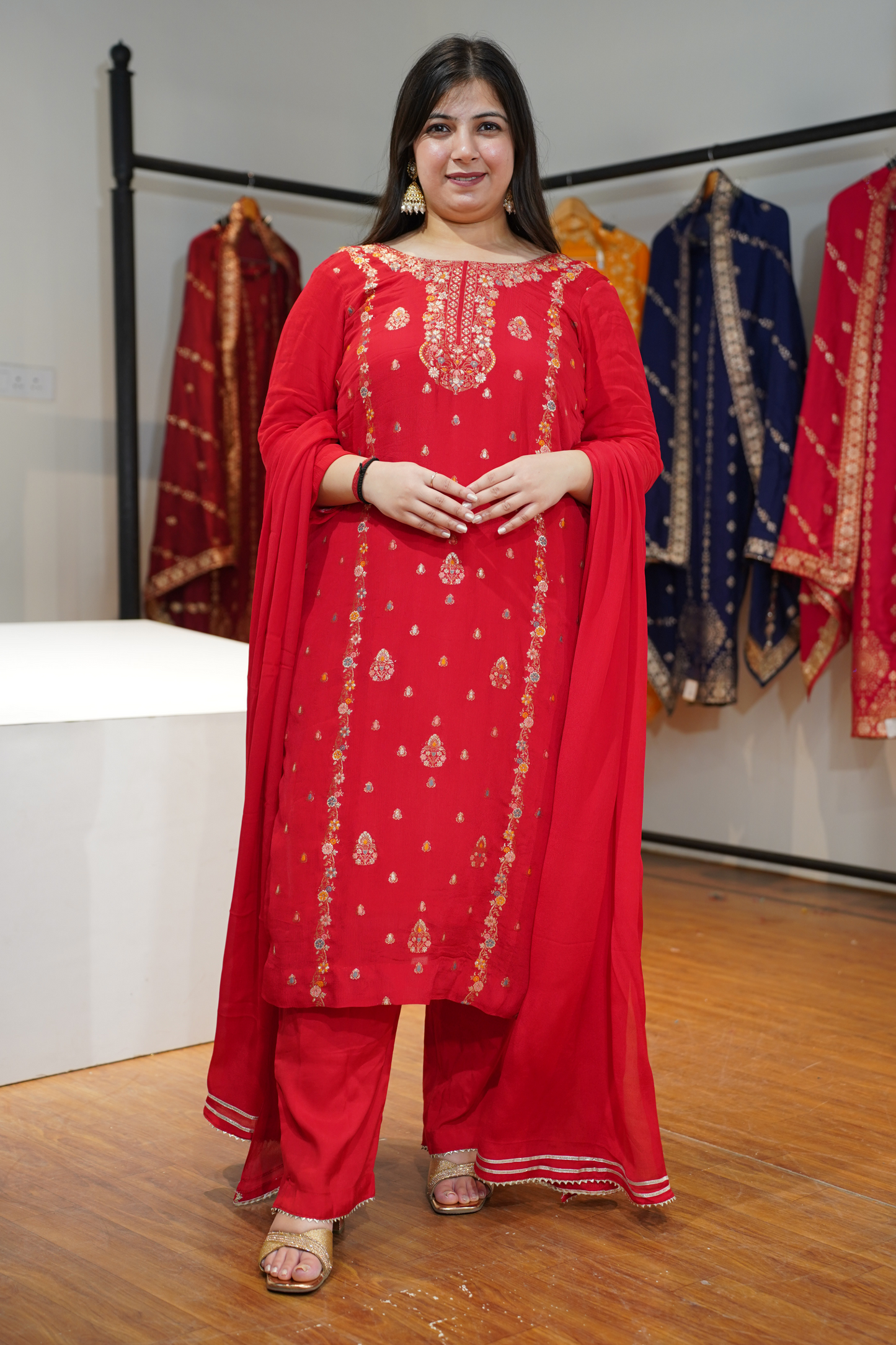 Anunika Red Fancy Chinon Suit