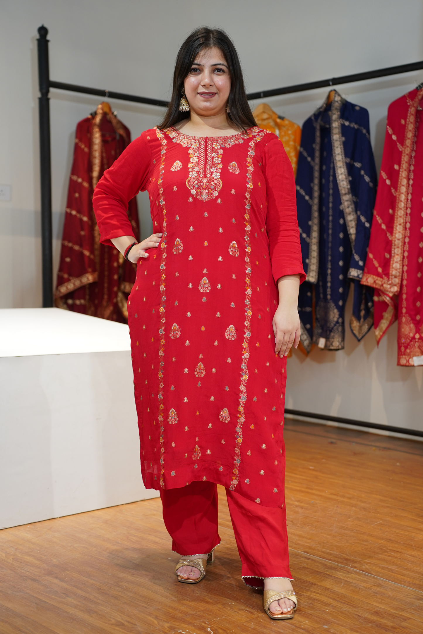 Anunika Red Fancy Chinon Suit