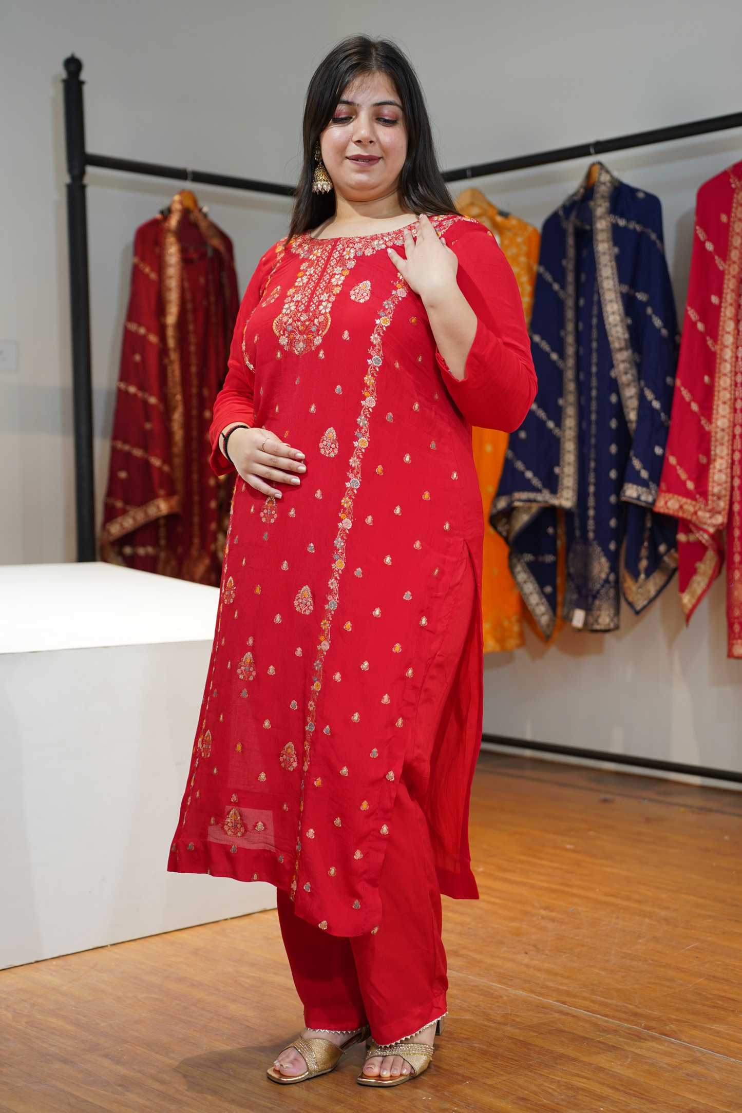 Anunika Red Fancy Chinon Suit