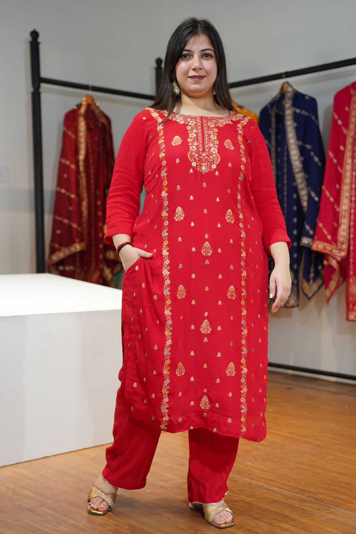 Anunika Red Fancy Chinon Suit