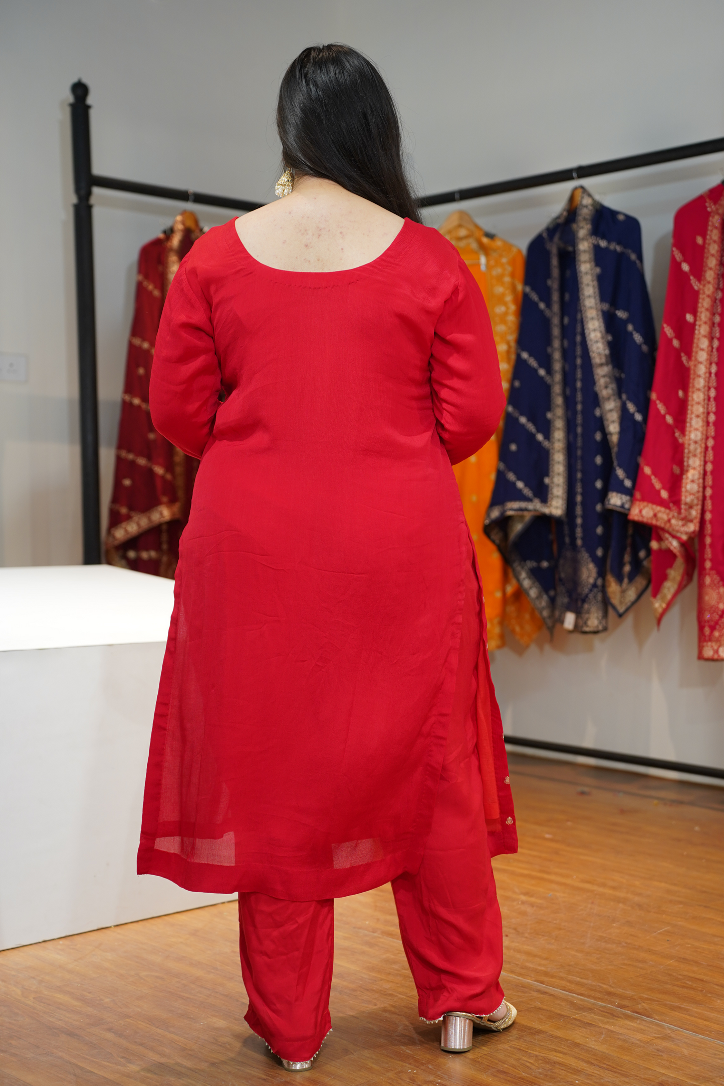 Anunika Red Fancy Chinon Suit