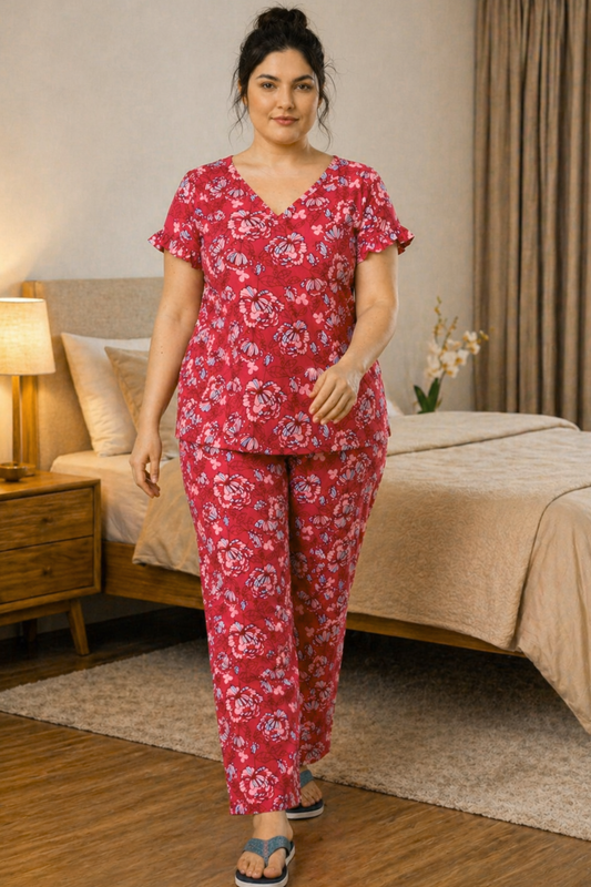 Muted Crimson Floral Night Suit