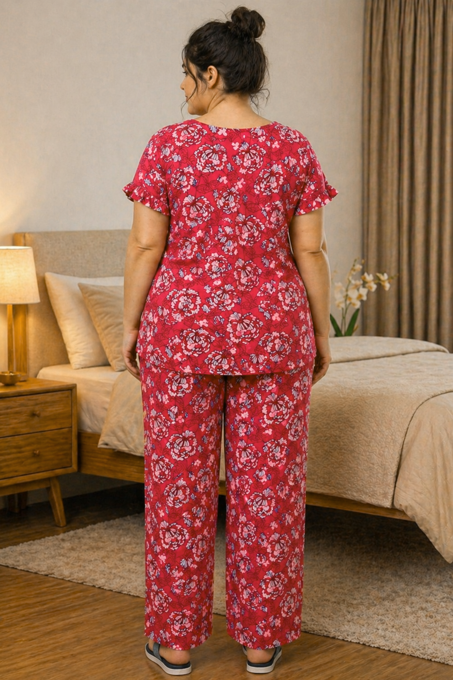 Muted Crimson Floral Night Suit