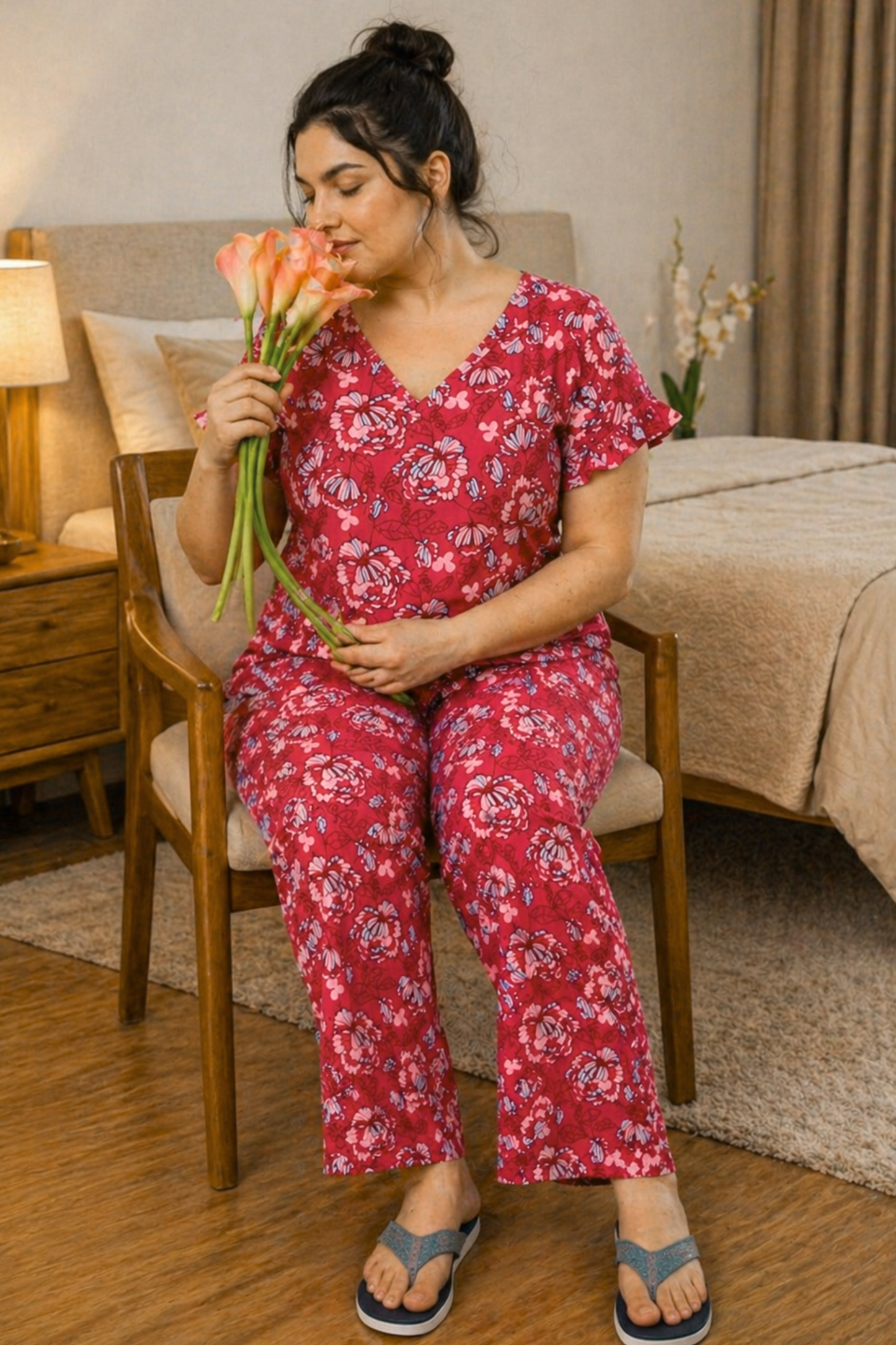 Muted Crimson Floral Night Suit