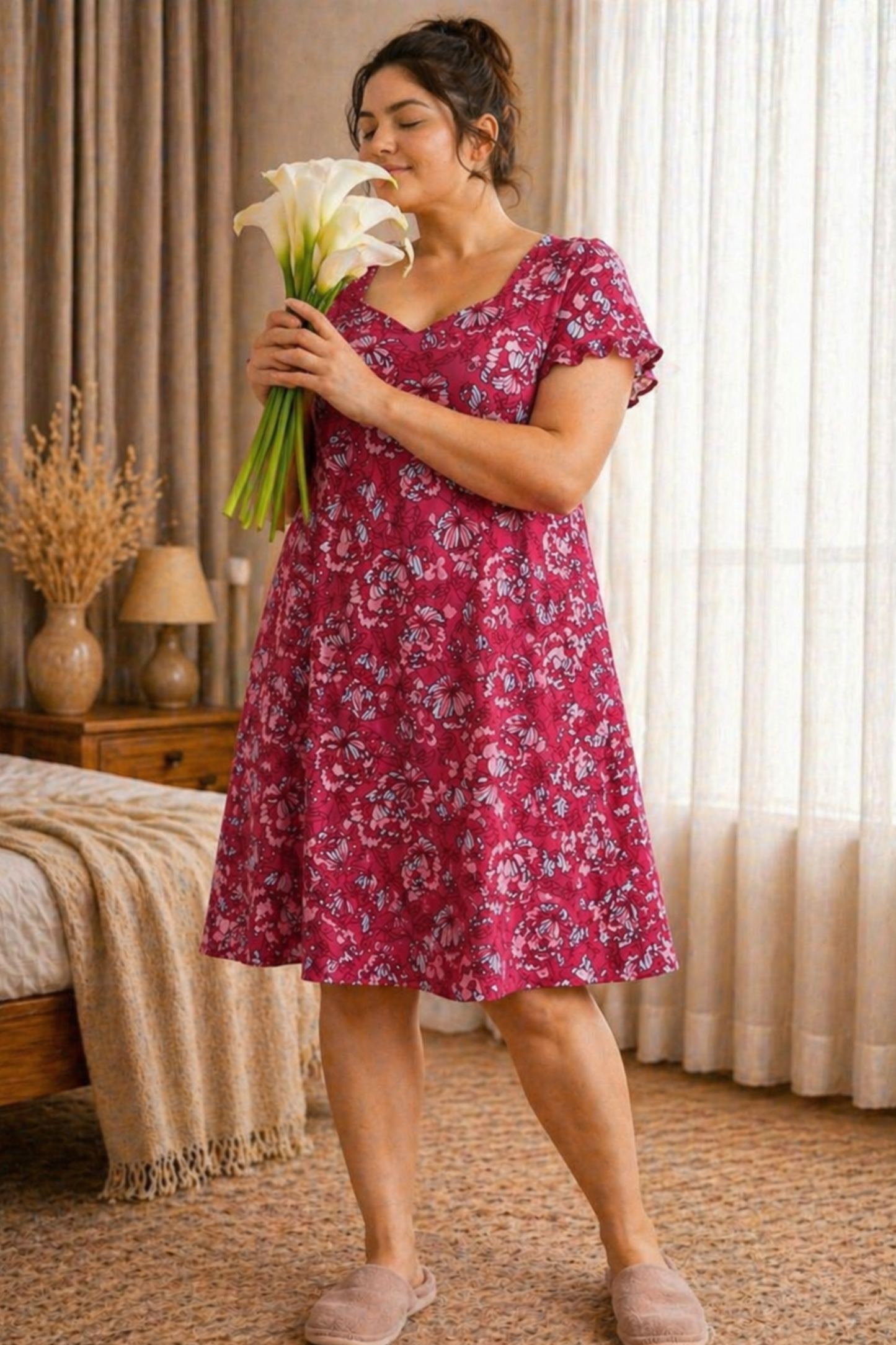 Muted Crimson Floral Short Nighty