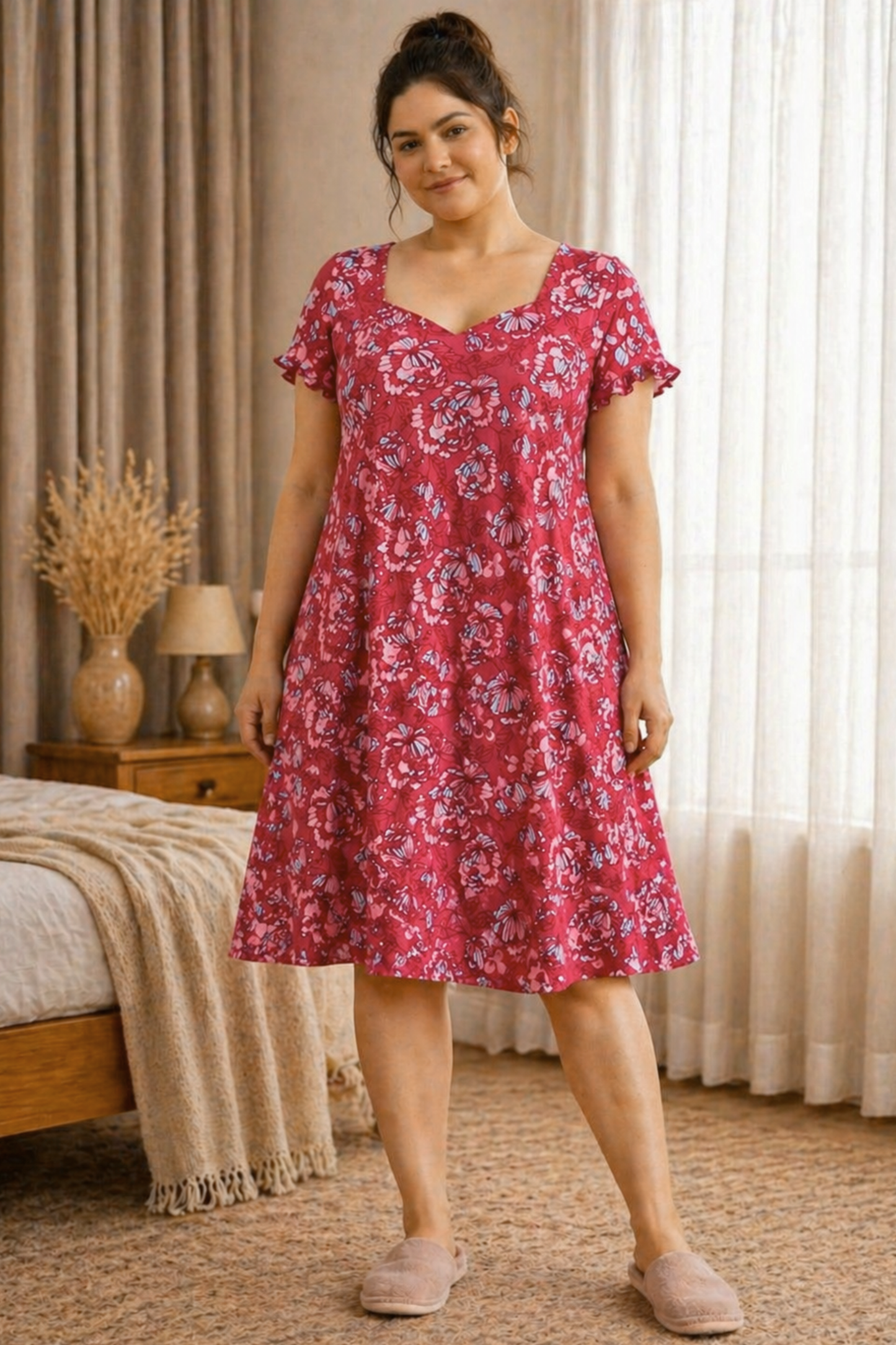 Muted Crimson Floral Short Nighty