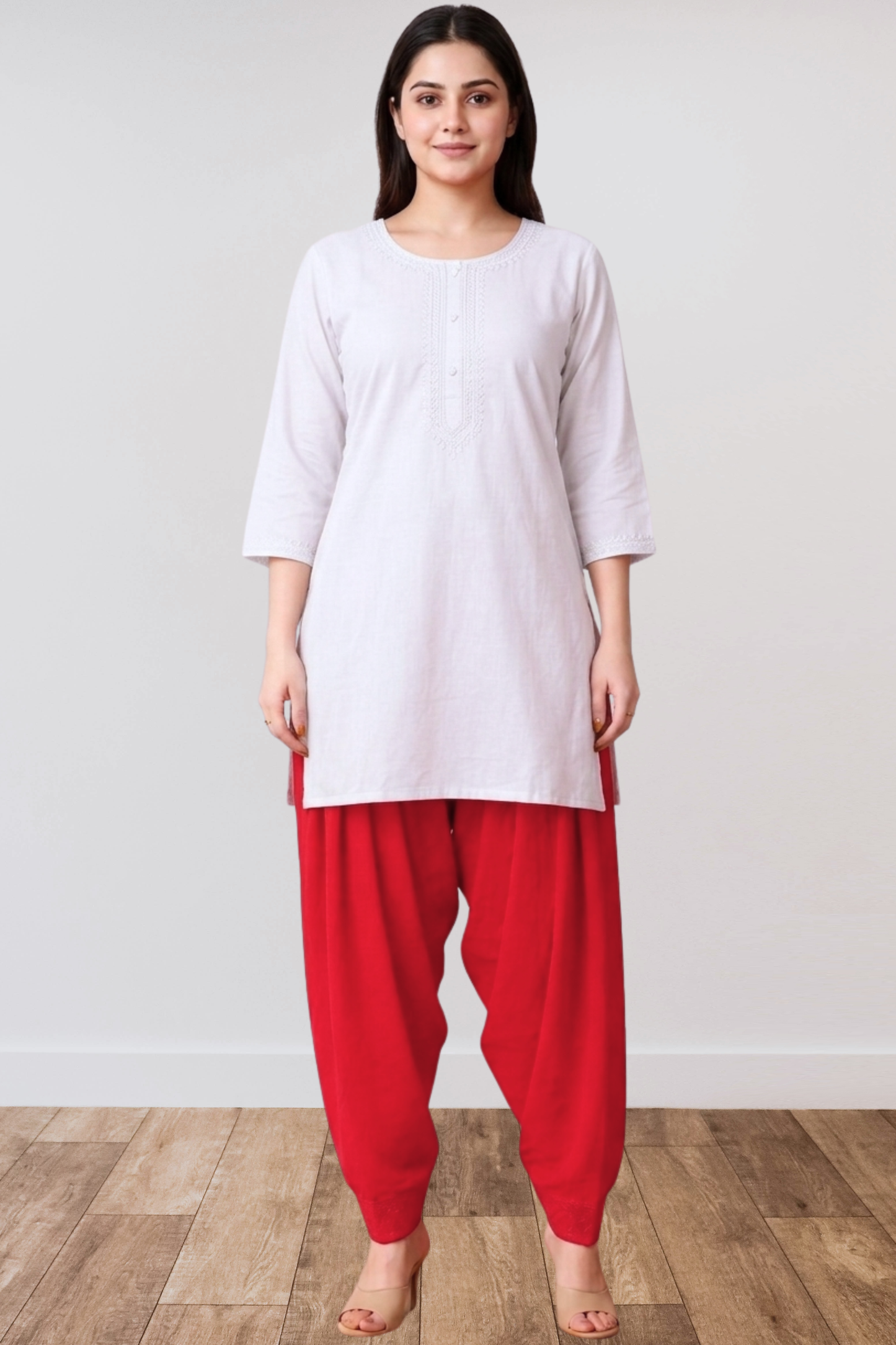 Red Anti Wrinkle Pleated Salwar