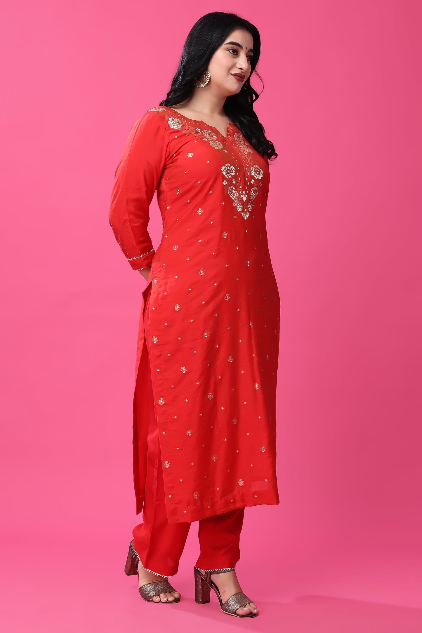 Women Plus Size Gleaming Red Fancy Suit Set