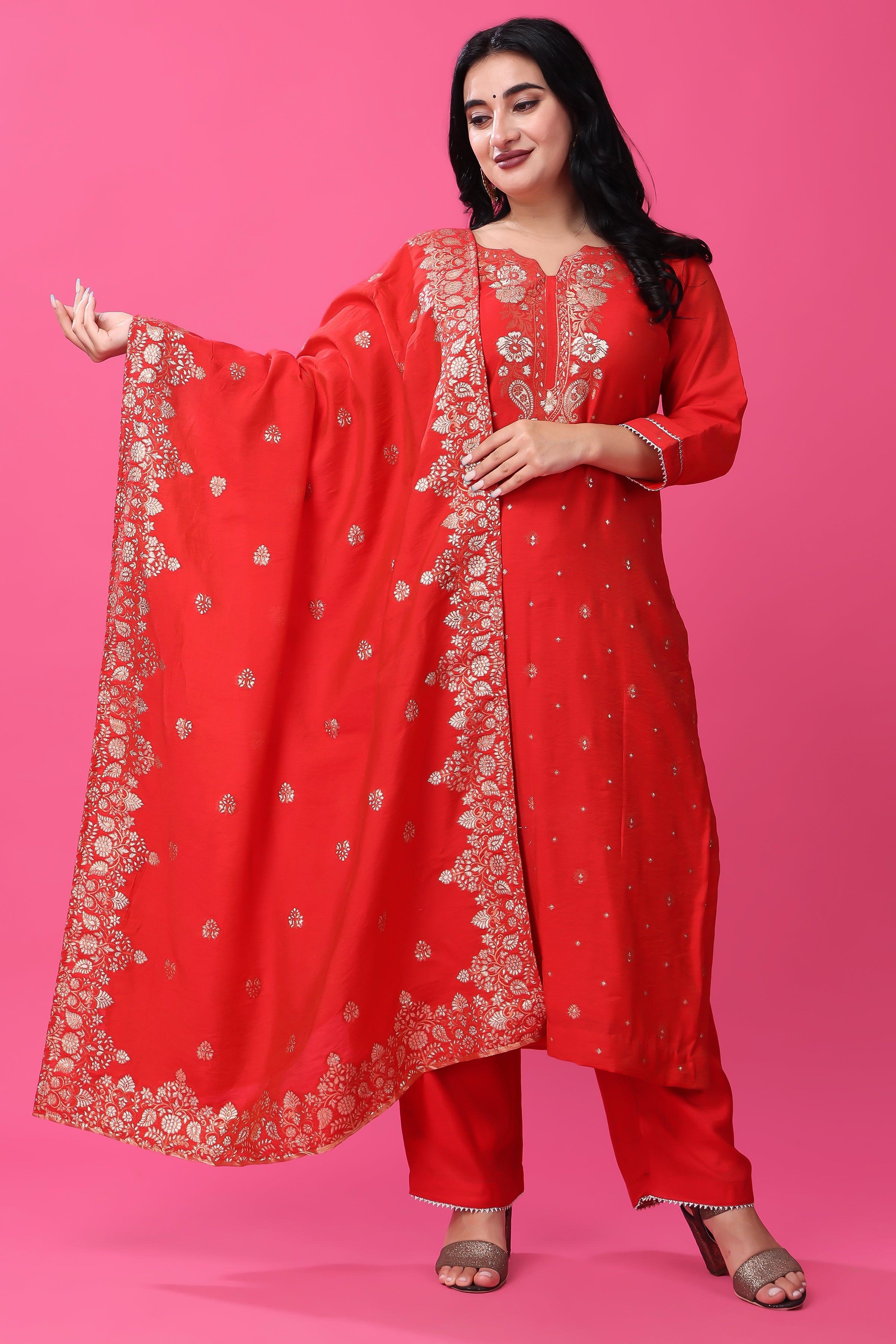 Red Partywear Designer Embroidered Georgette Palazzo Suit