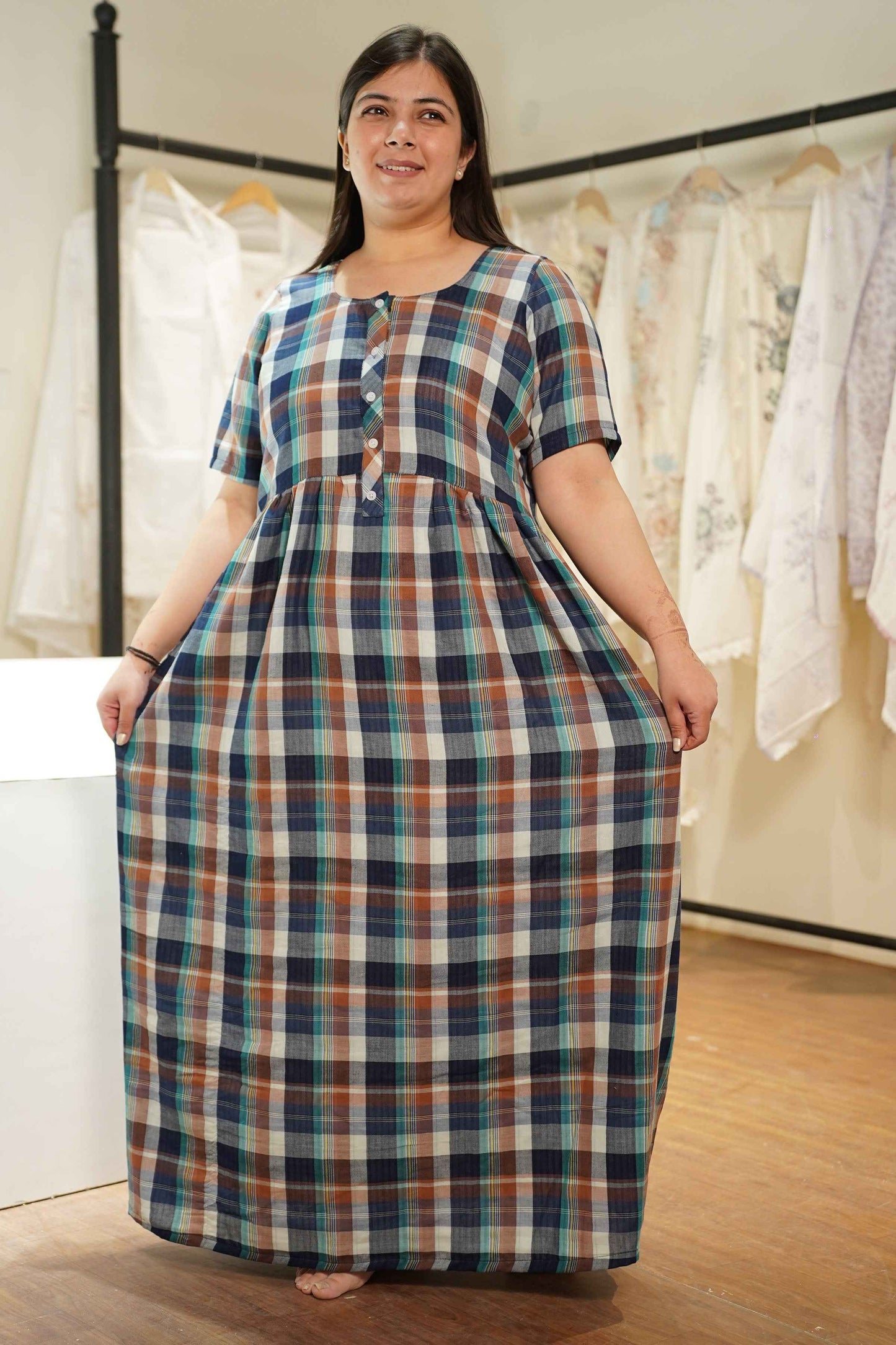 Retro Checked Cotton Night Gown