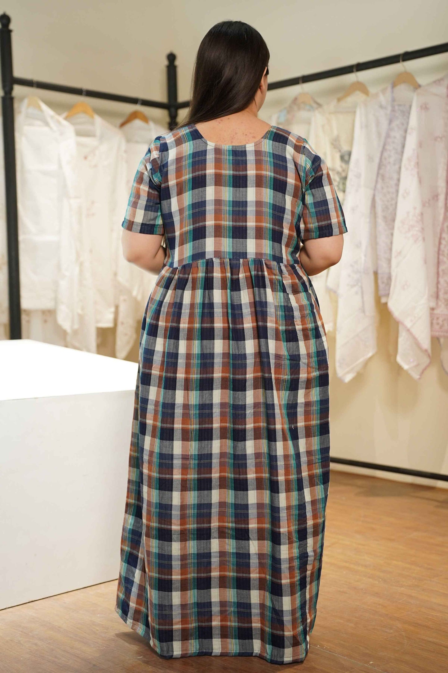 Retro Checked Cotton Night Gown