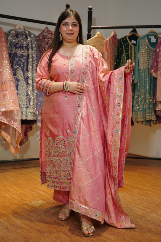 Rivya Tissue Shimmer Suit with Zari Embroidery