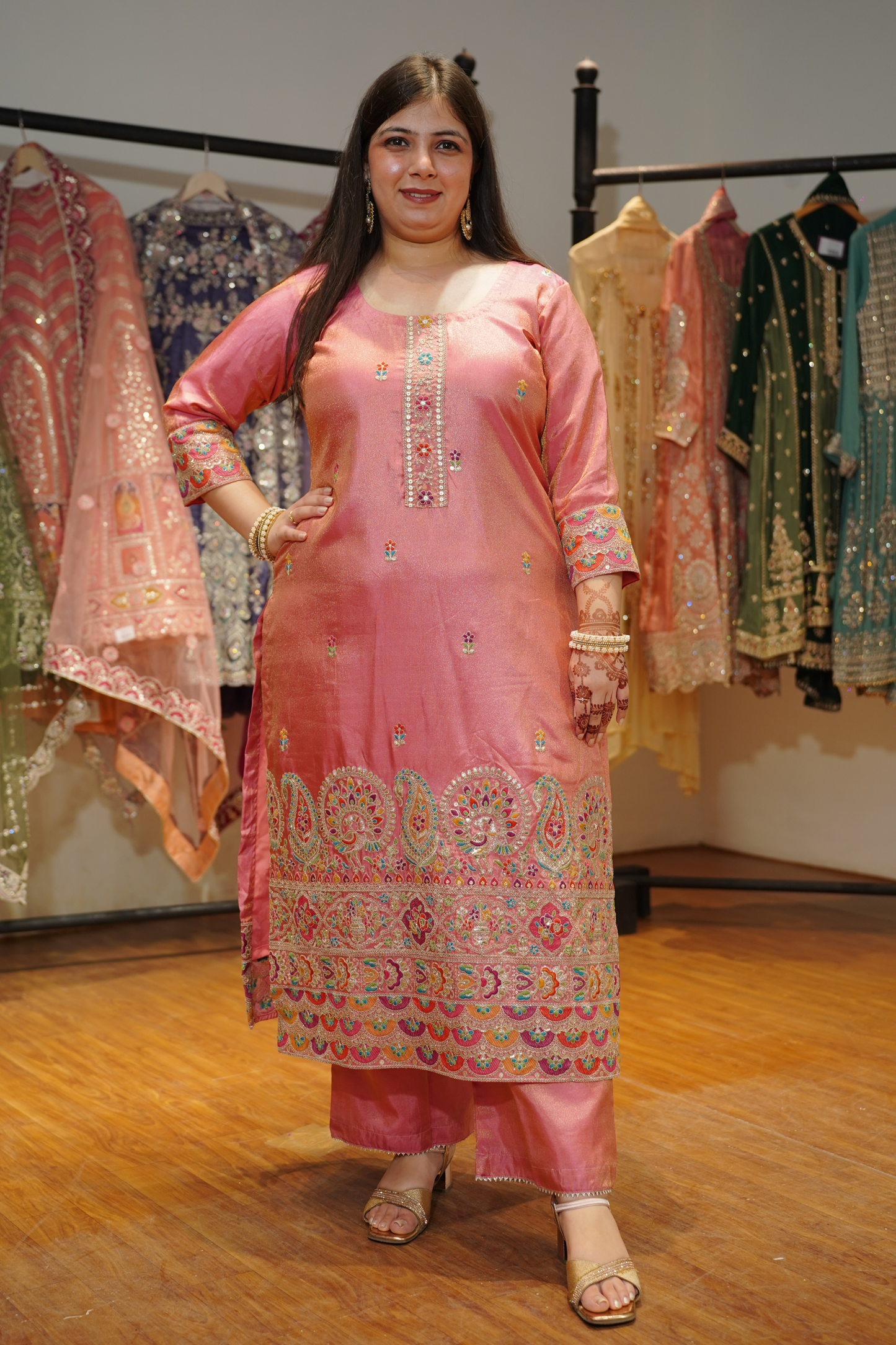 Rivya Tissue Shimmer Suit with Zari Embroidery