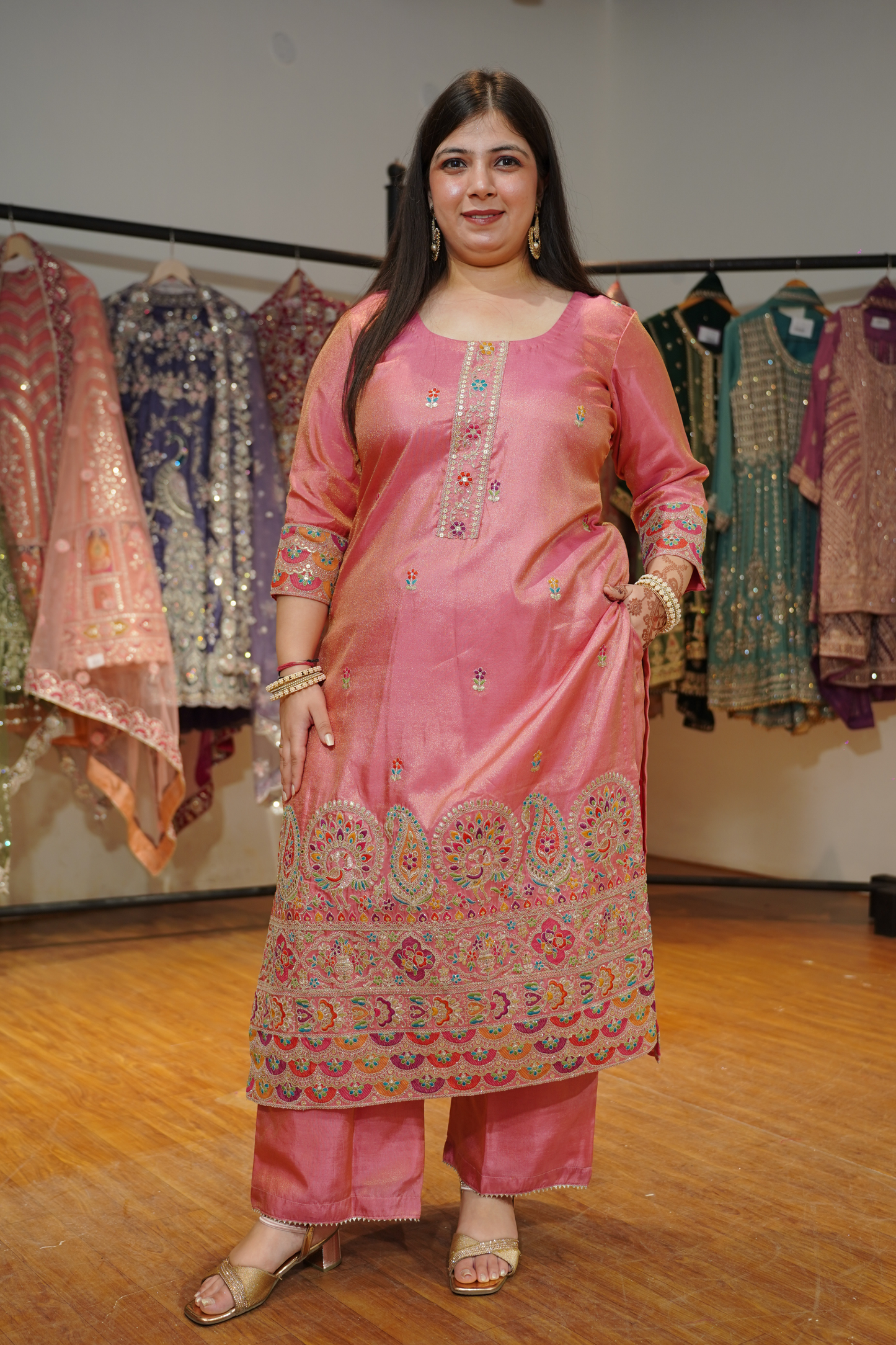 Rivya Tissue Shimmer Suit with Zari Embroidery