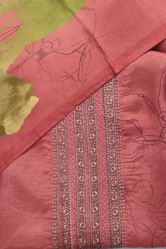 Rust Floral Muslin Suit with Tread Work