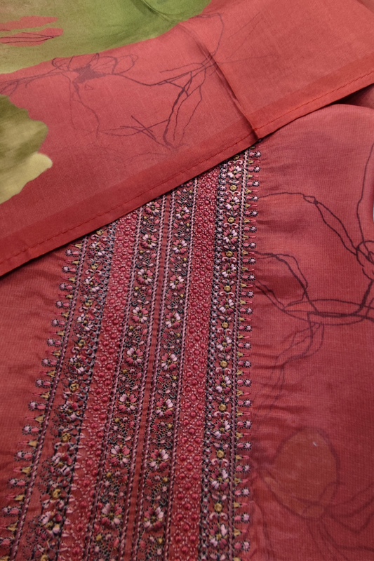 Rust Floral Muslin Suit with Tread Work