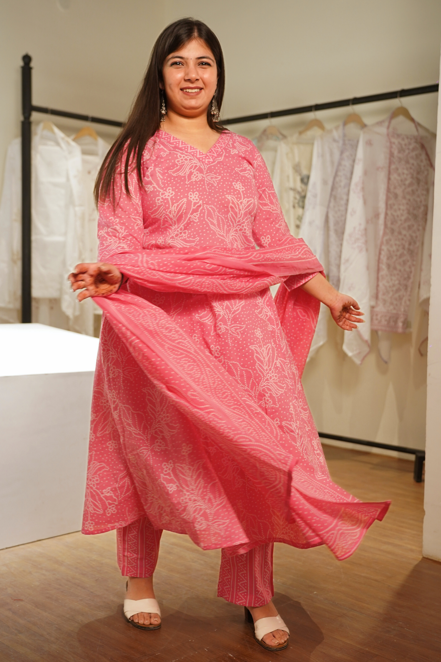 Rosette Pink Kalidar Block Printed Cotton Suit
