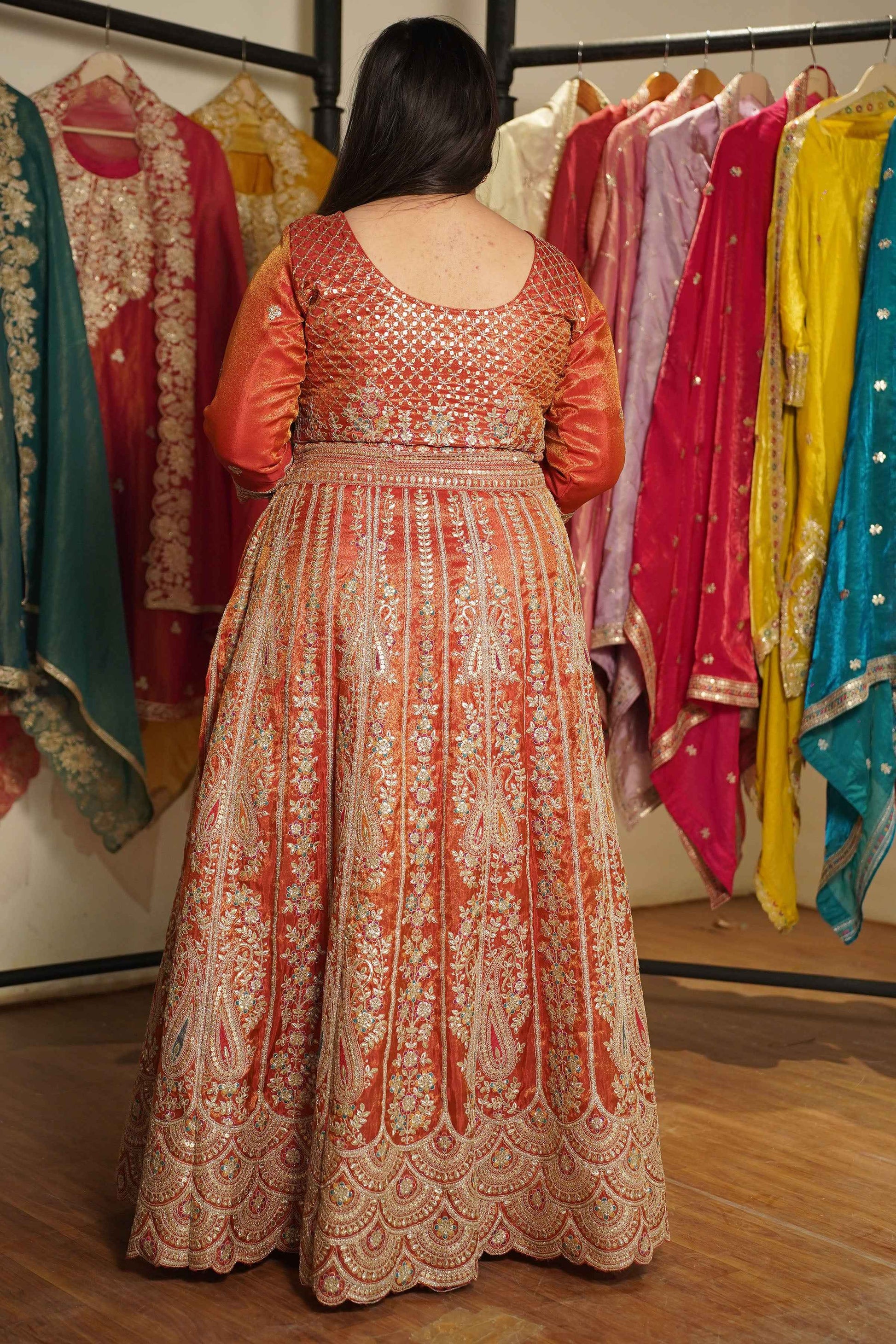 Mehzara Rust Tissue Zari Embroidered Dress