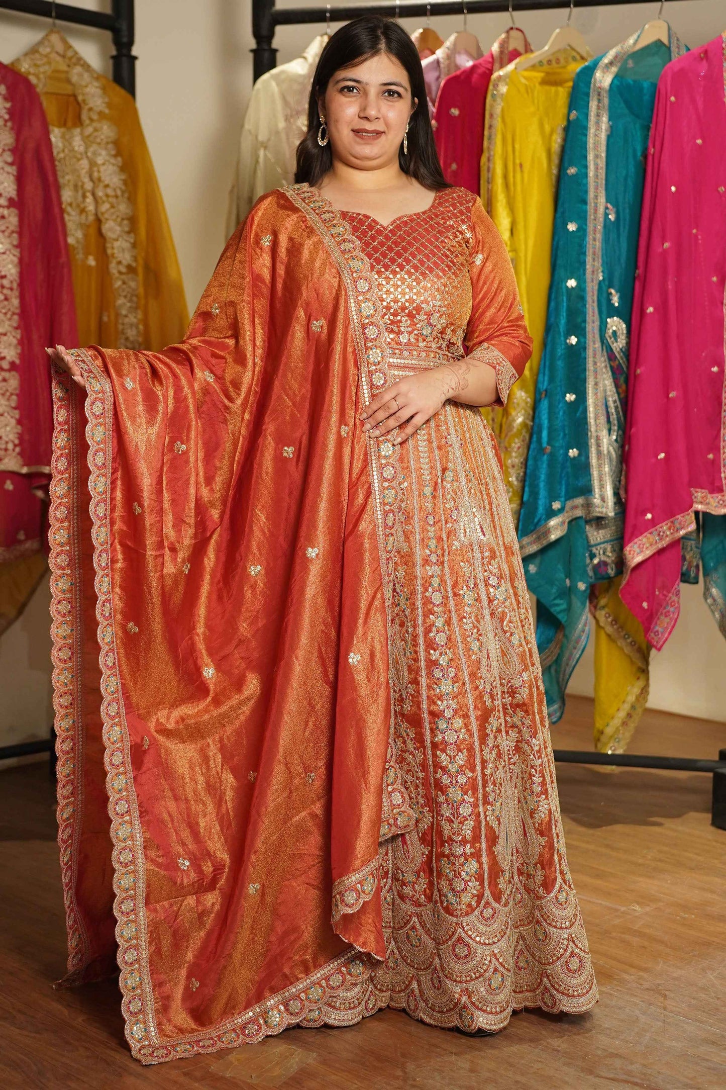 Mehzara Rust Tissue Zari Embroidered Dress