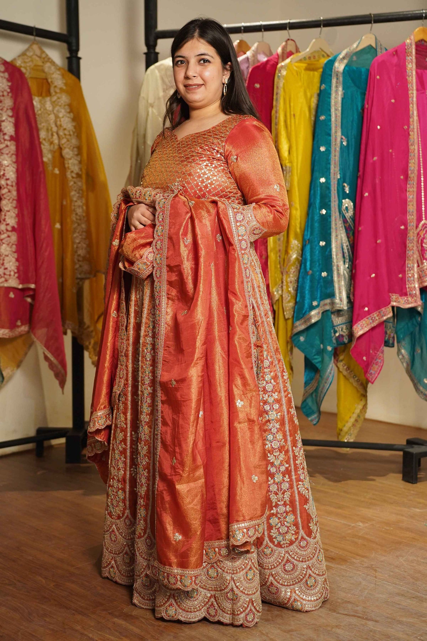 Mehzara Rust Tissue Zari Embroidered Dress