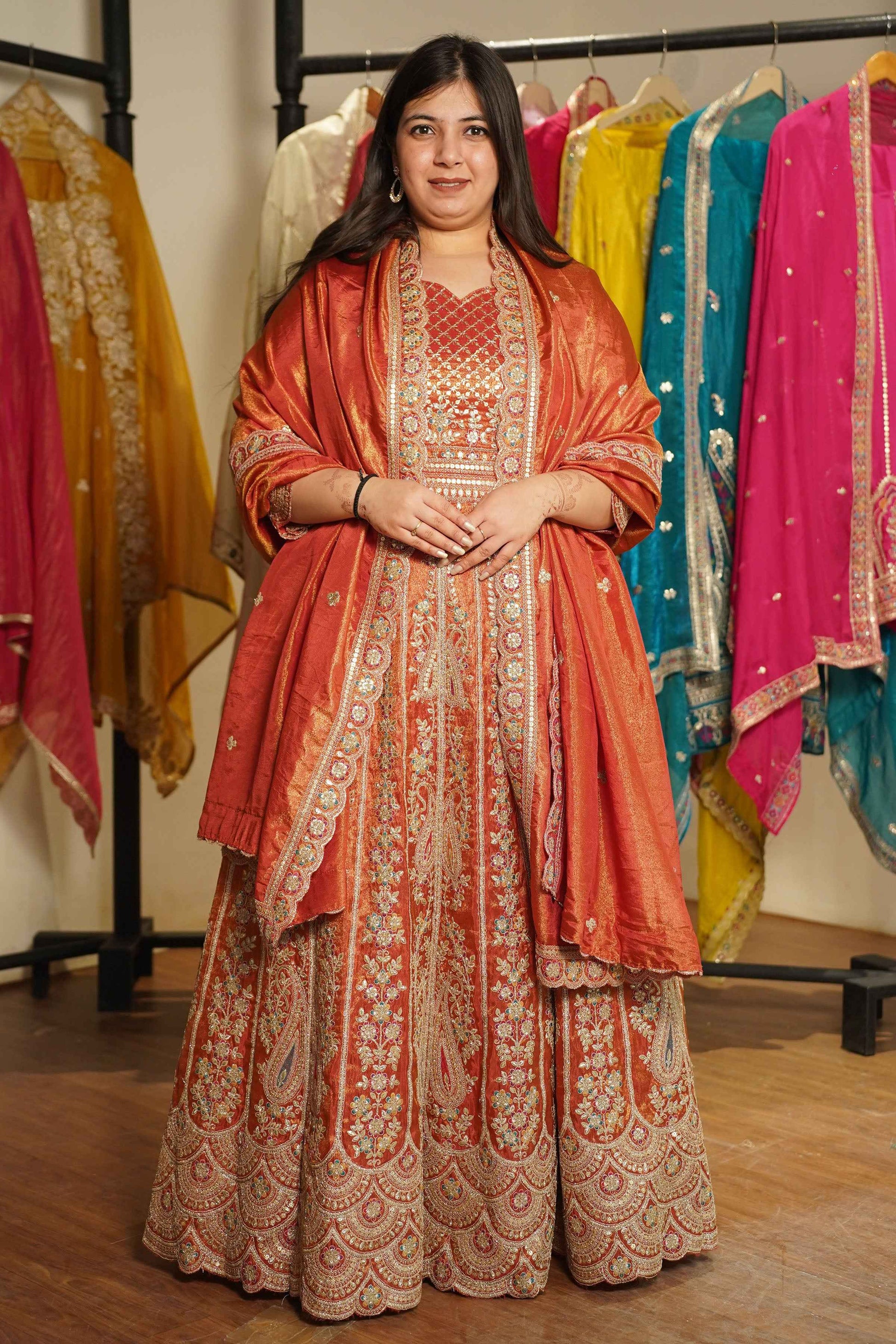 Mehzara Rust Tissue Zari Embroidered Dress