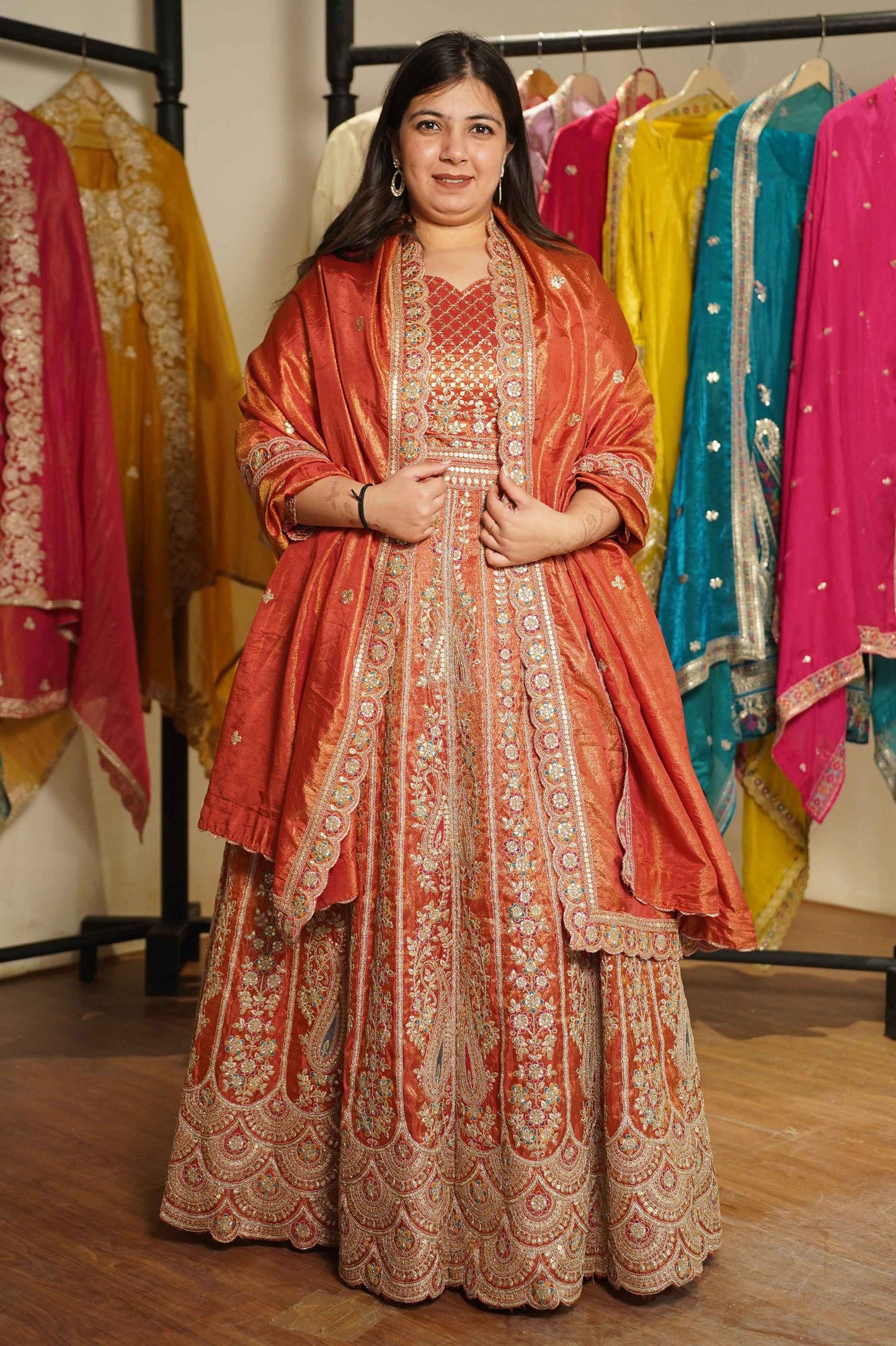 Mehzara Rust Tissue Zari Embroidered Dress