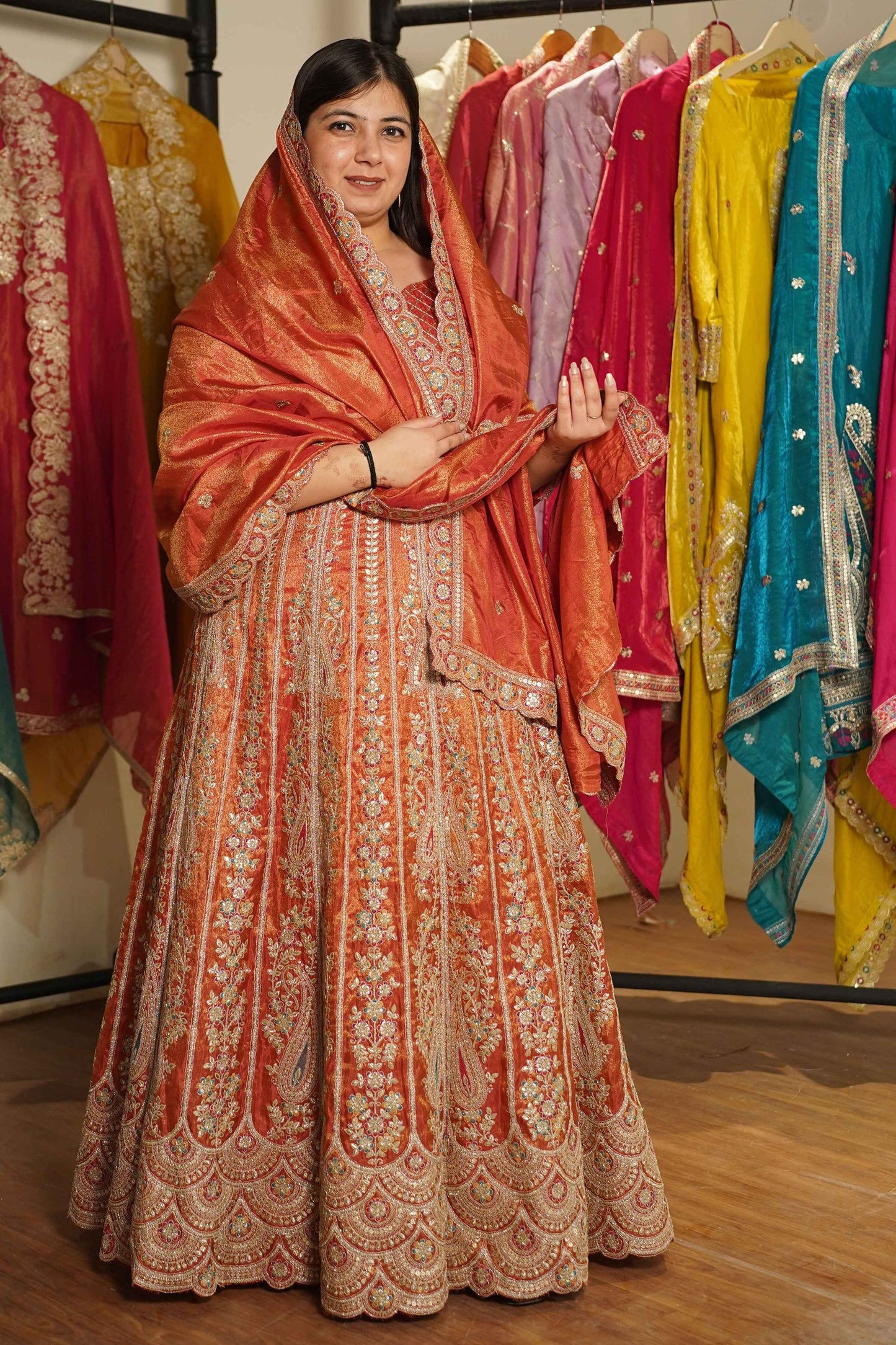 Mehzara Rust Tissue Zari Embroidered Dress