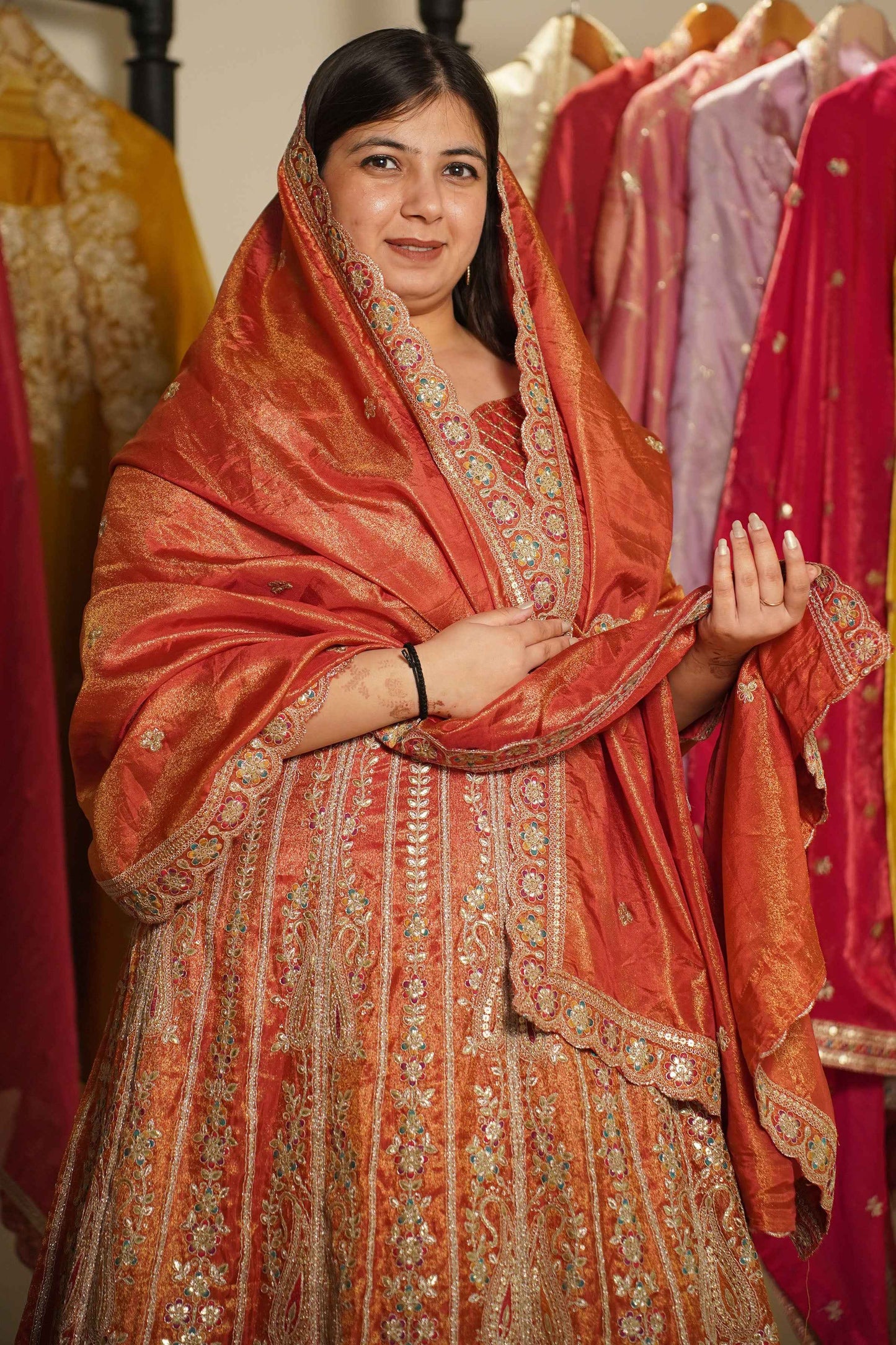 Mehzara Rust Tissue Zari Embroidered Dress