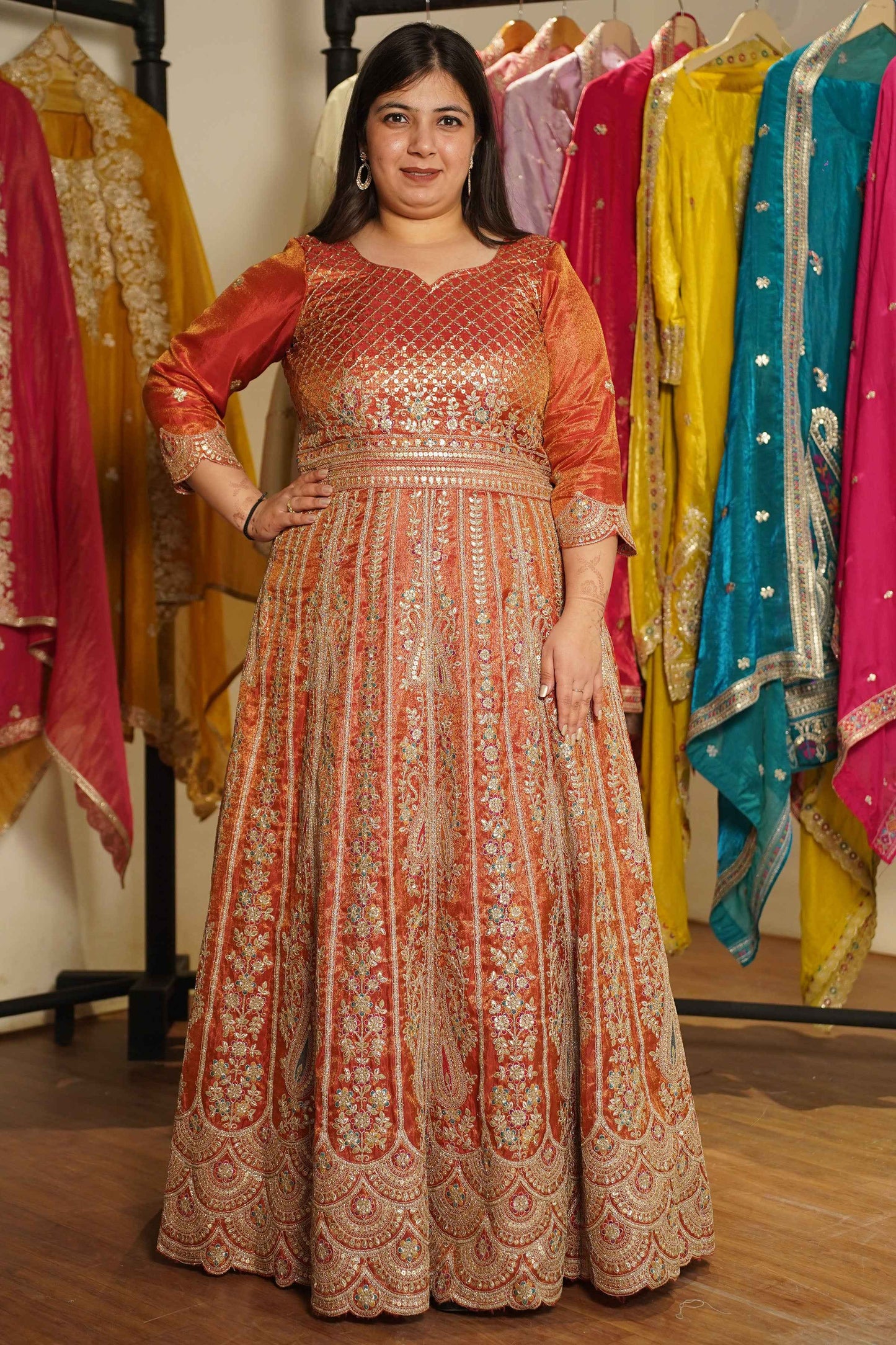 Mehzara Rust Tissue Zari Embroidered Dress