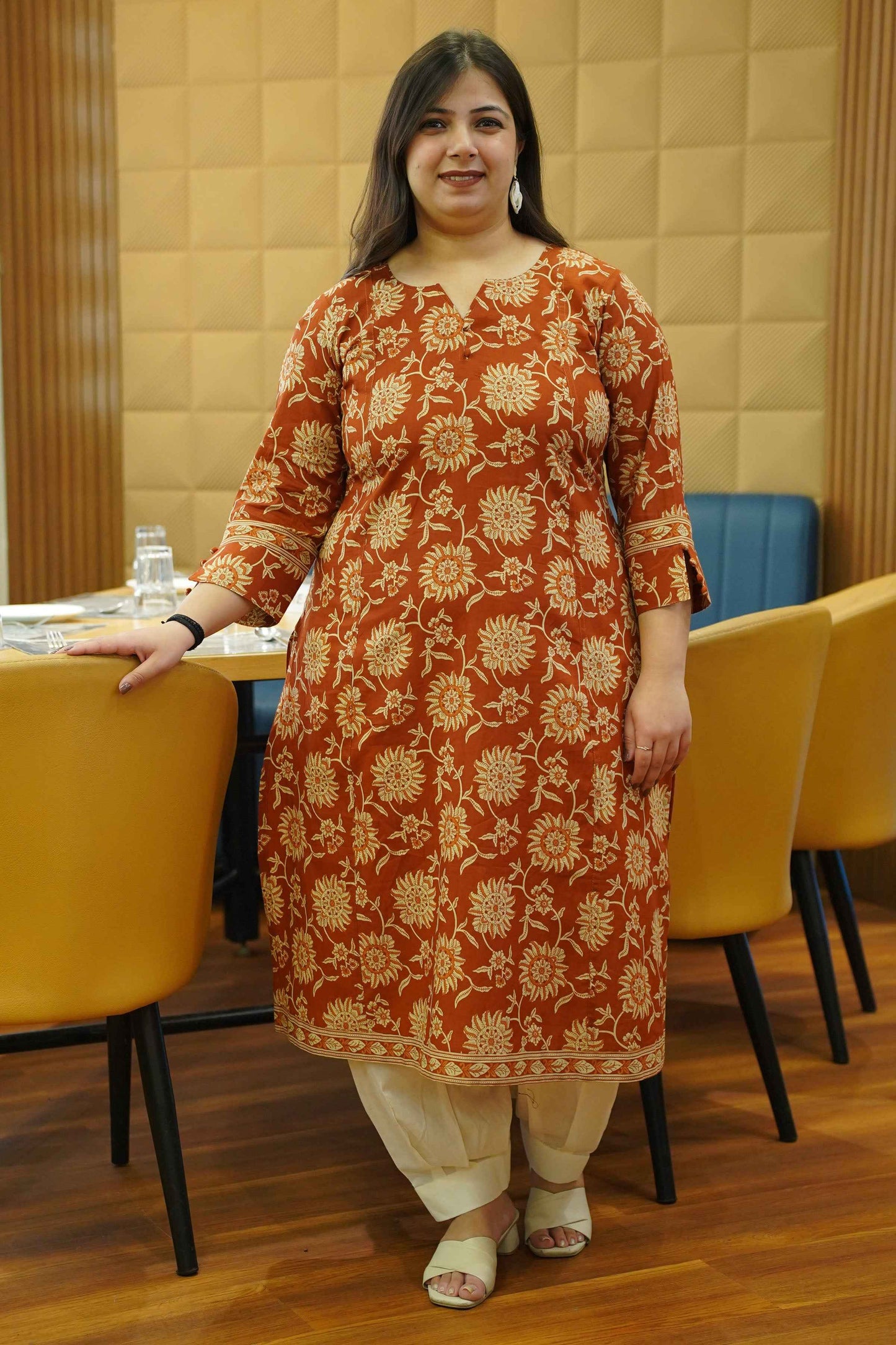 Rust Ember Block Cotton Kali Kurta