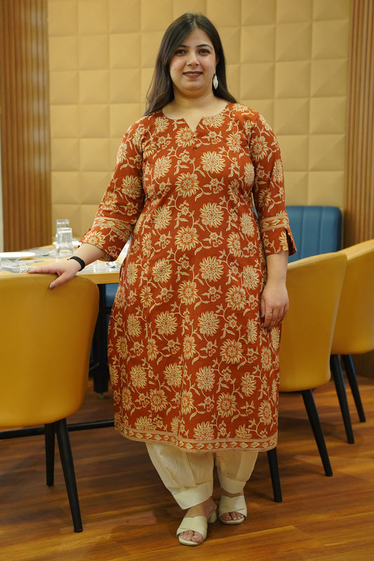 Rust Ember Block Cotton Kali Kurta