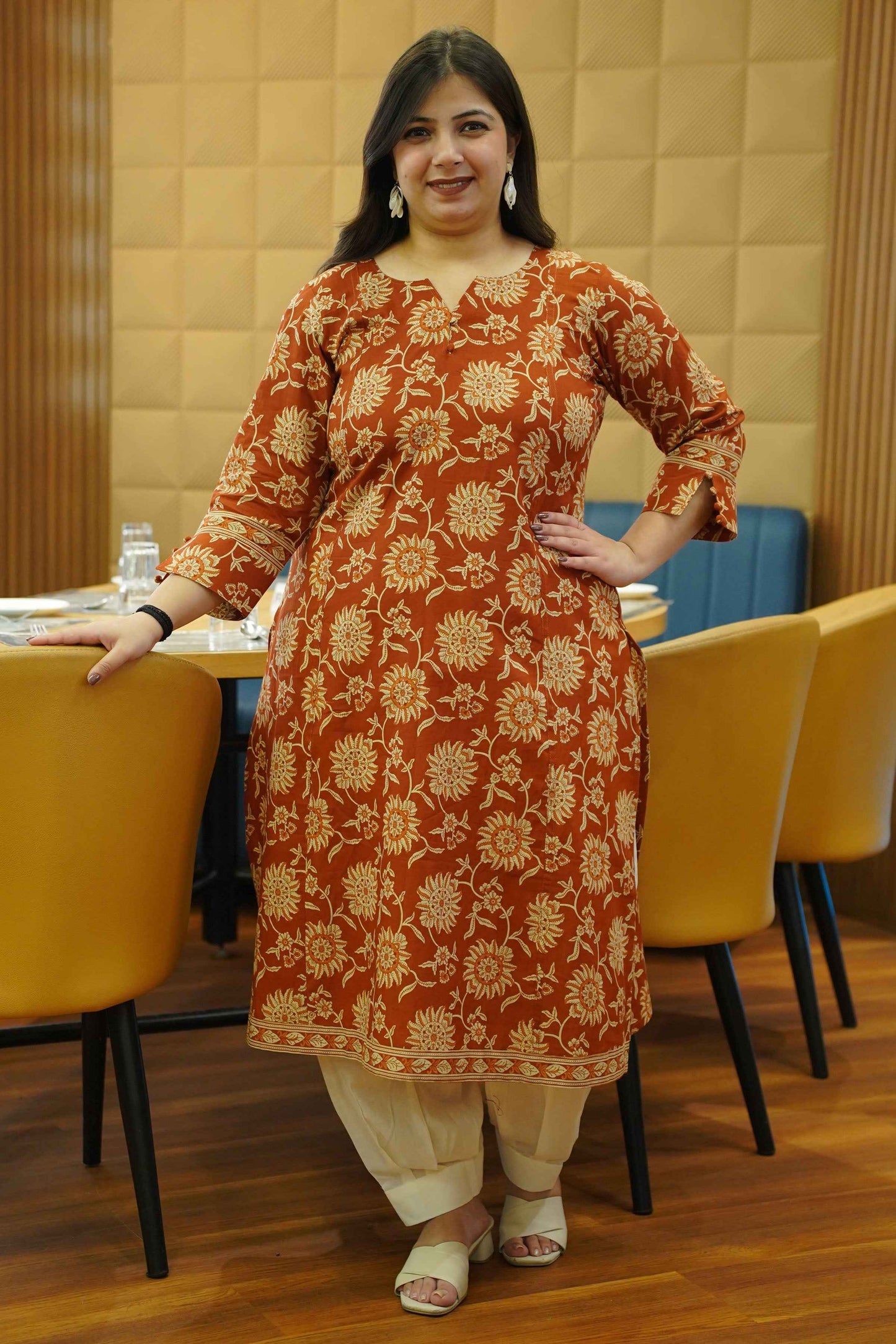 Rust Ember Block Cotton Kali Kurta