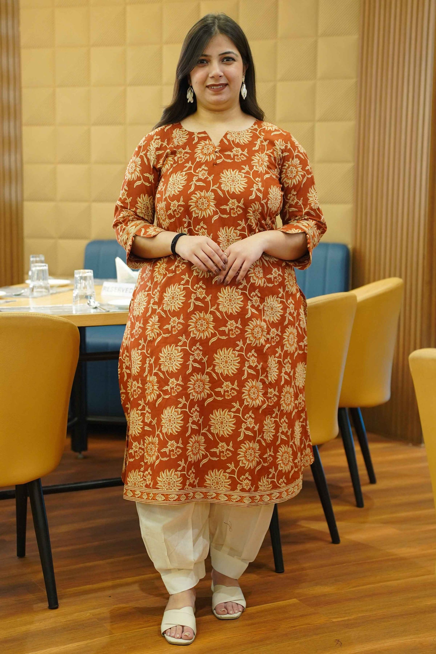 Rust Ember Block Cotton Kali Kurta