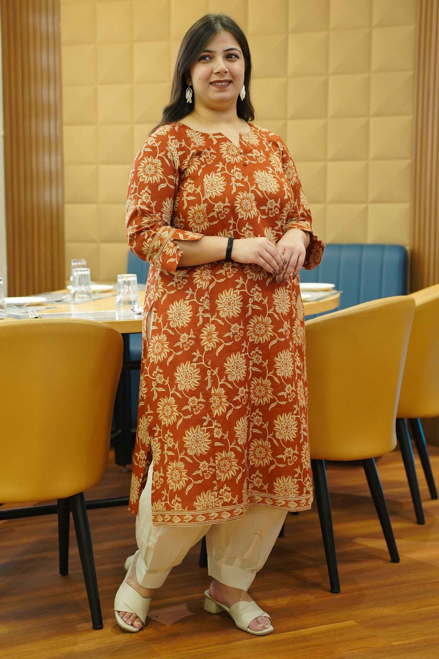 Rust Ember Block Cotton Kali Kurta