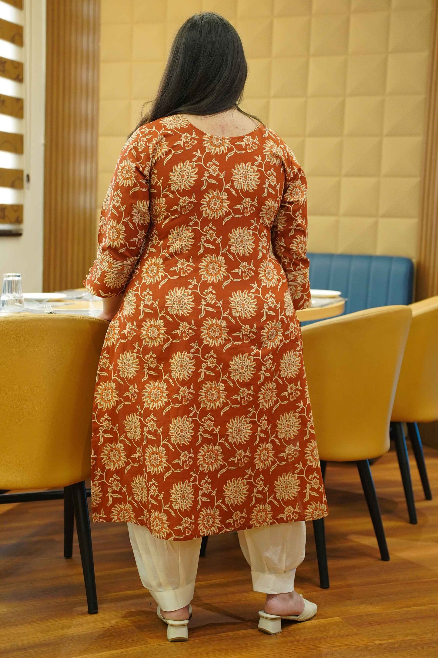 Rust Ember Block Cotton Kali Kurta
