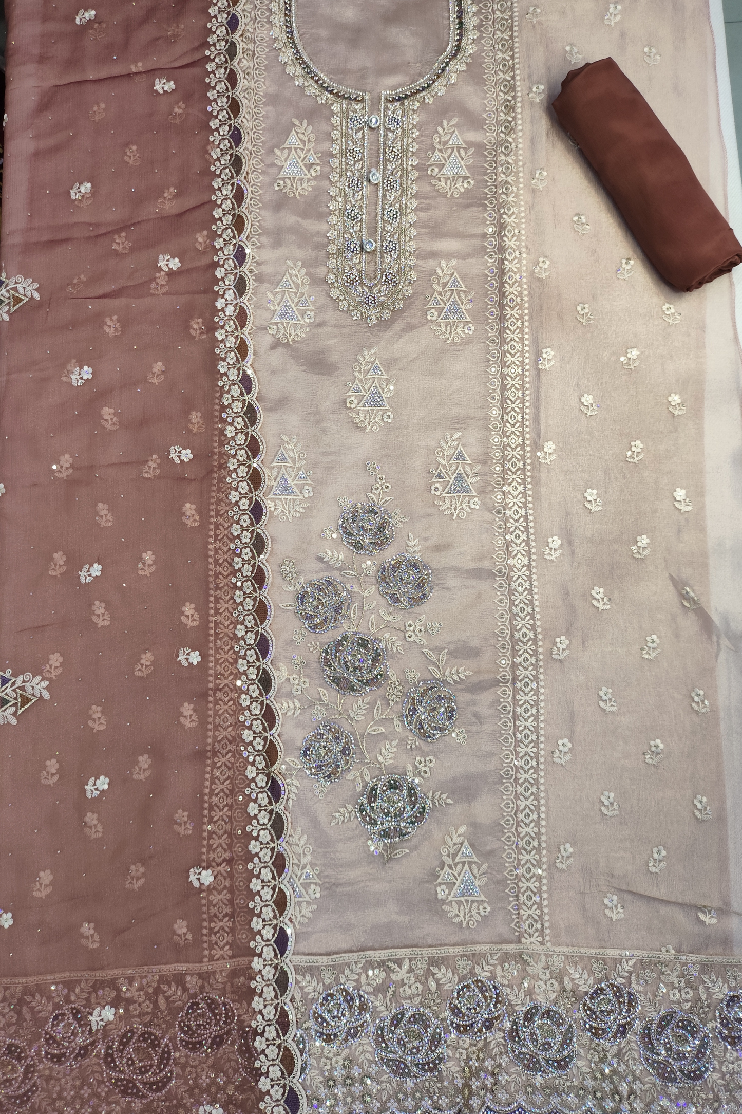 Rust Gleam Shimmer Suit with Stone Work