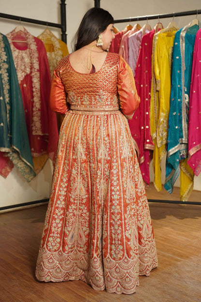 Mehzara Rust Tissue Lehenga With Zari Embroidery