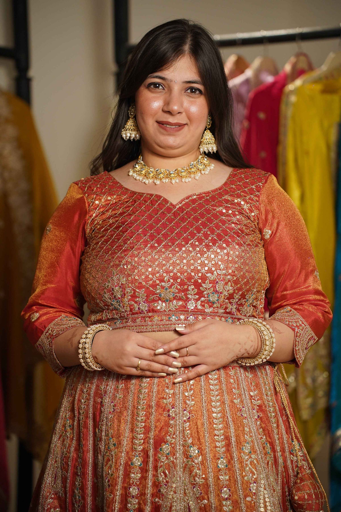 Mehzara Rust Tissue Lehenga With Zari Embroidery