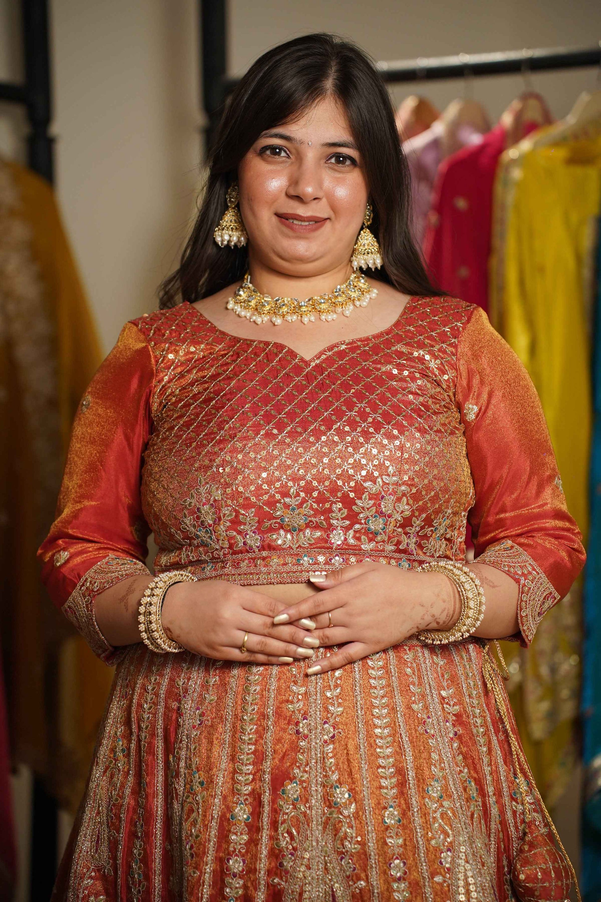 Mehzara Rust Tissue Lehenga With Zari Embroidery