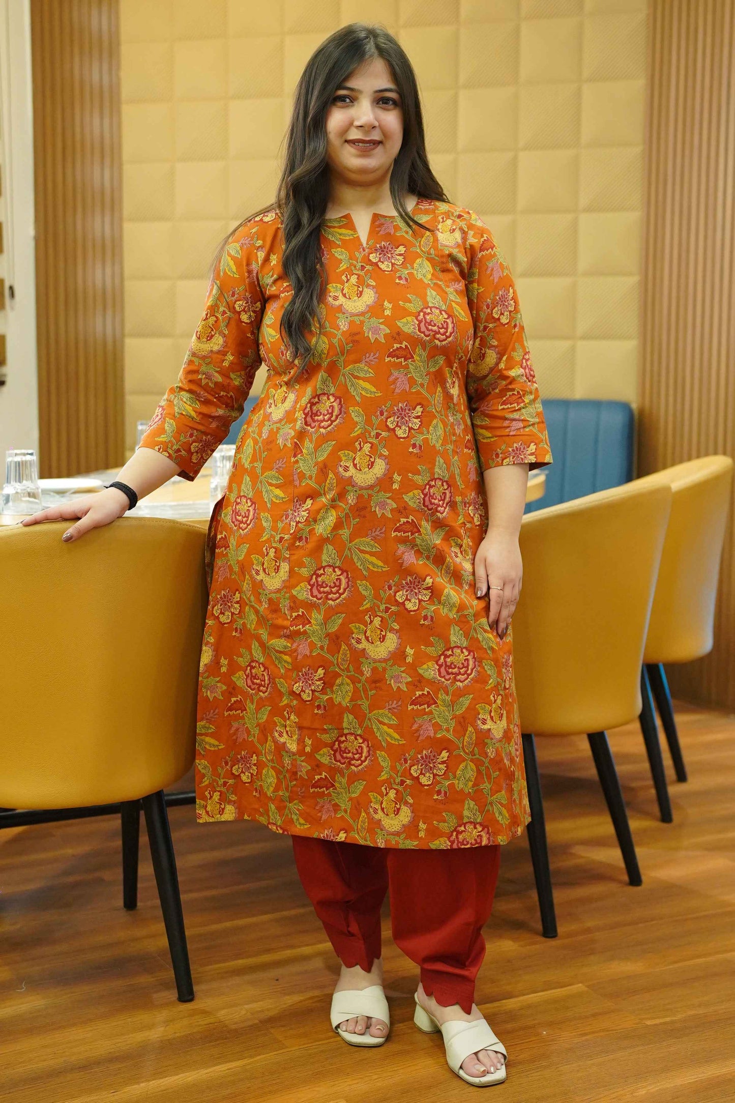 Rust Marigold Block Cotton Kali Kurta
