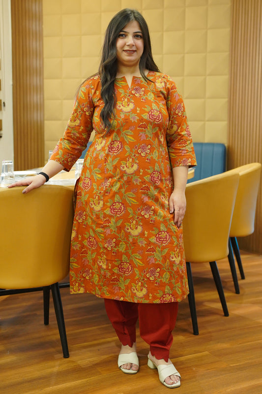 Rust Marigold Block Cotton Kali Kurta