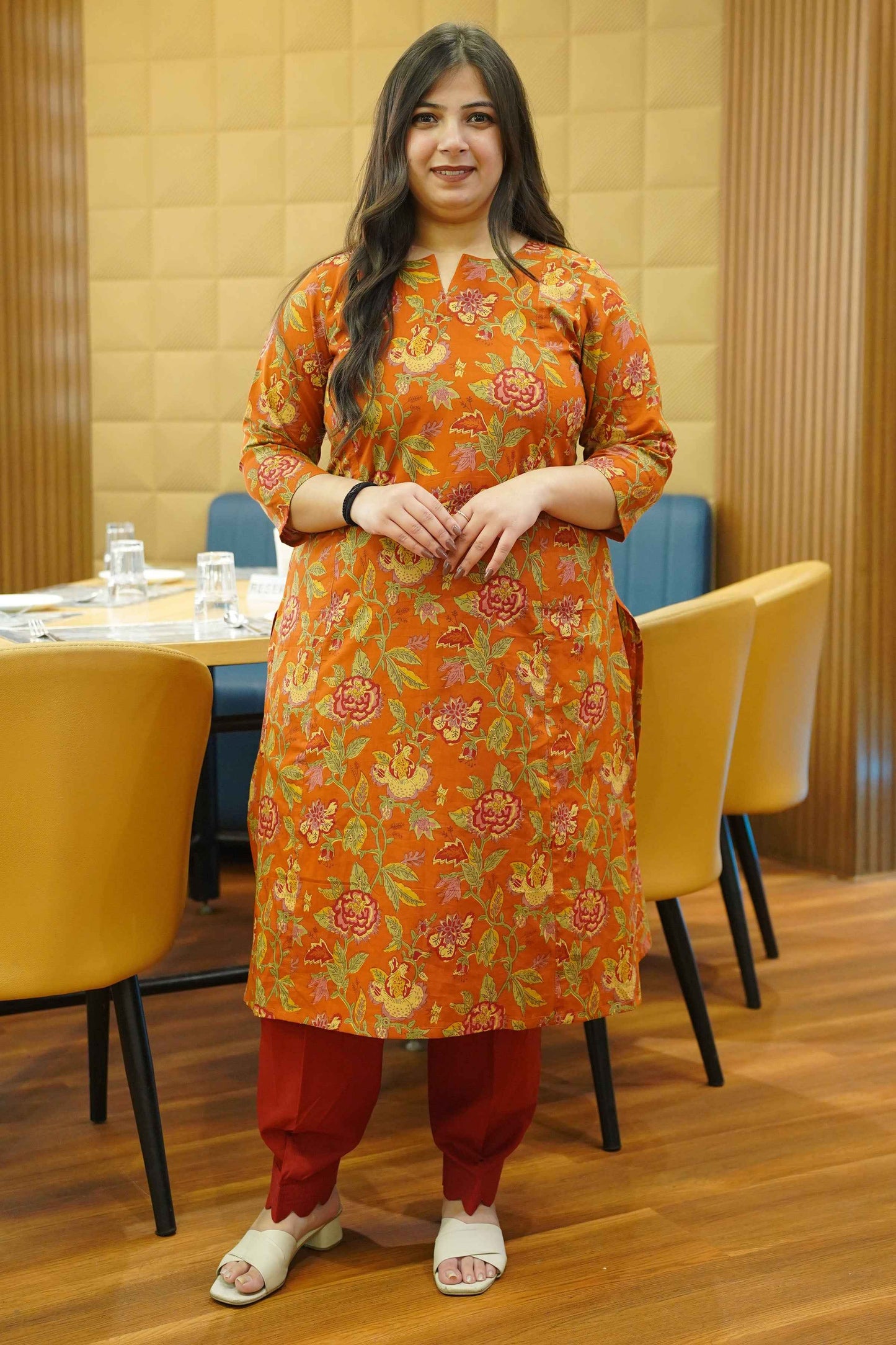 Rust Marigold Block Cotton Kali Kurta