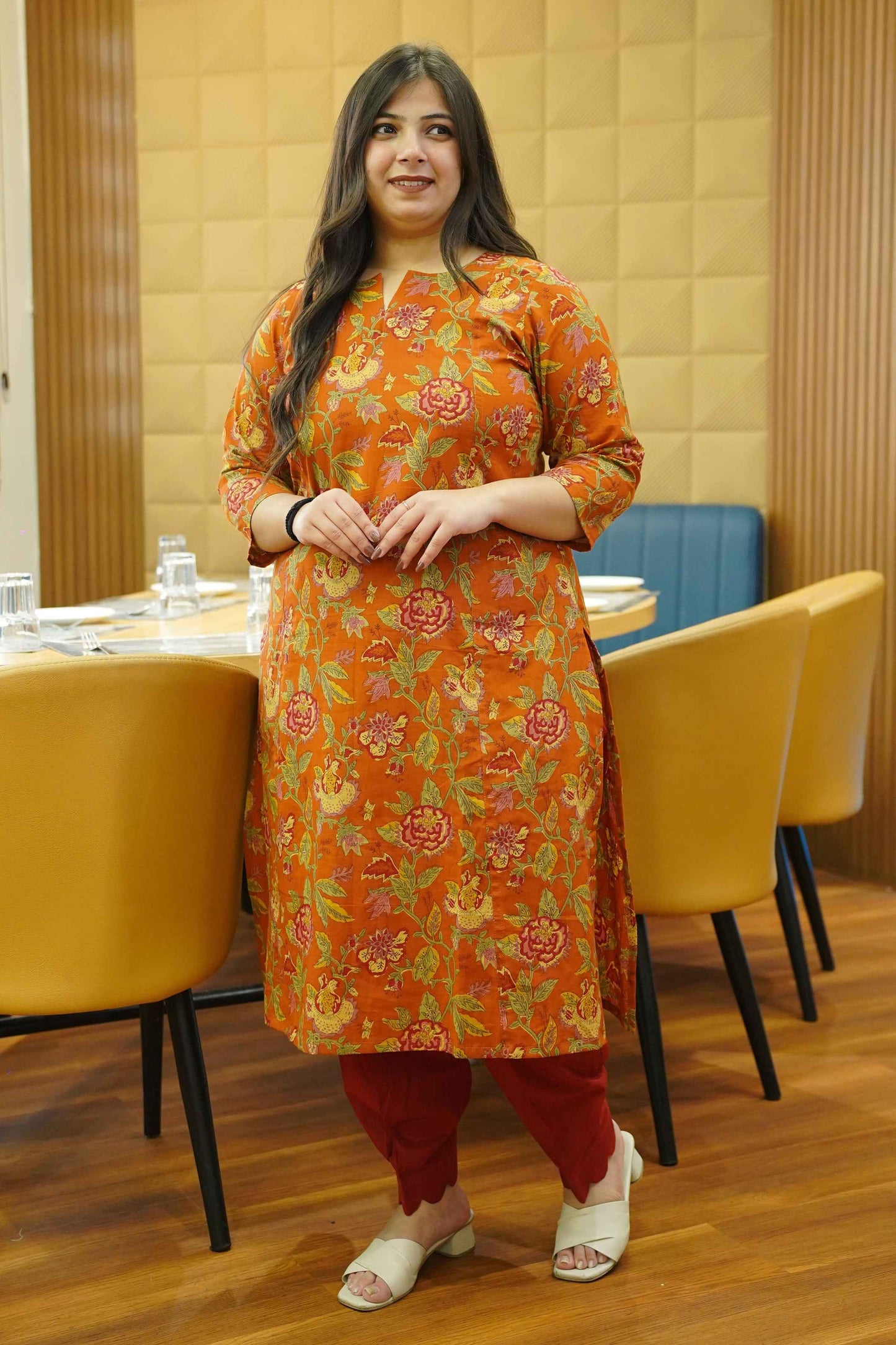 Rust Marigold Block Cotton Kali Kurta