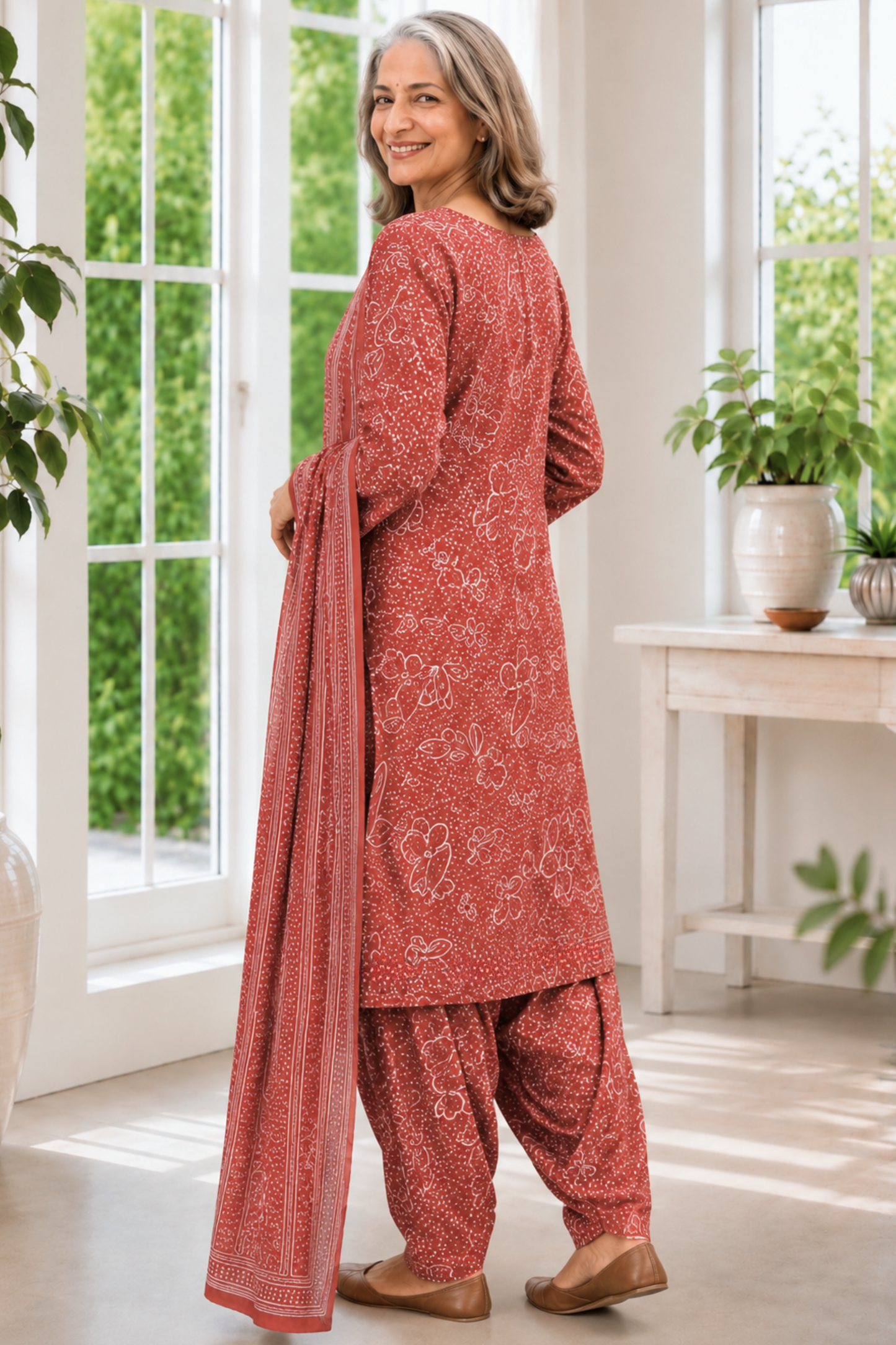 Rust Camellia Foiled Cotton Salwar Suit