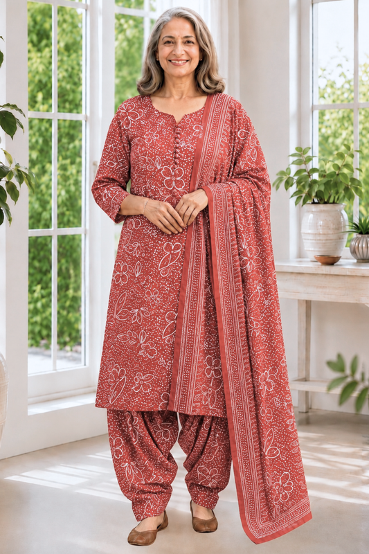 Rust Camellia Foiled Cotton Kurta With Salwar