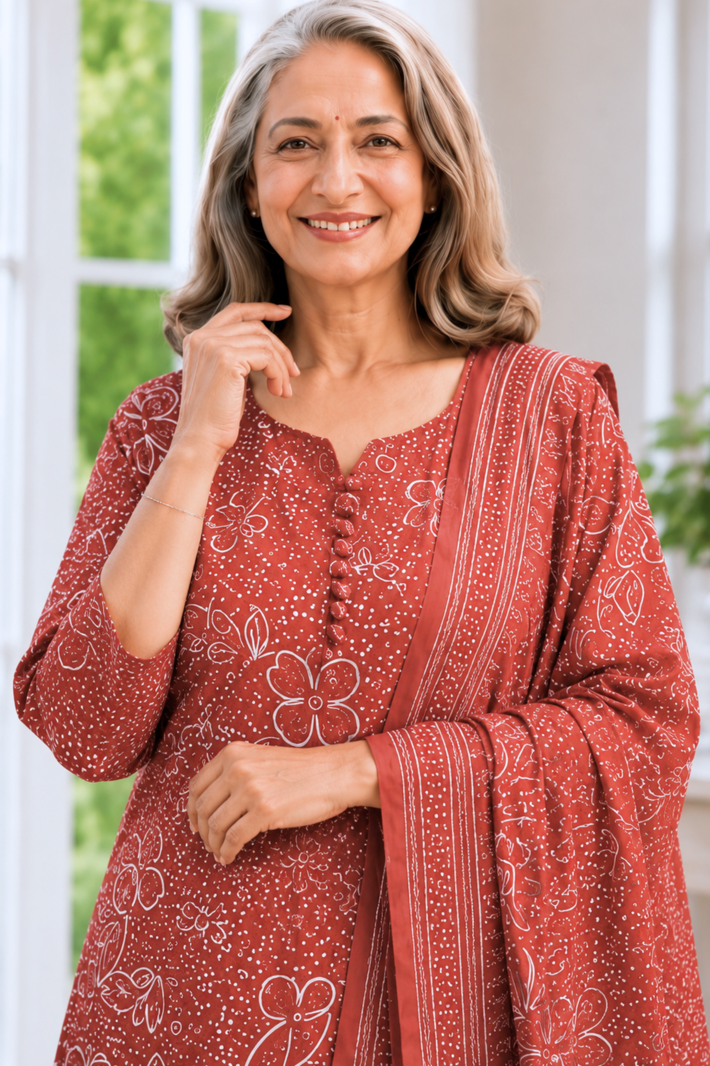 Rust Camellia Foiled Cotton Salwar Suit