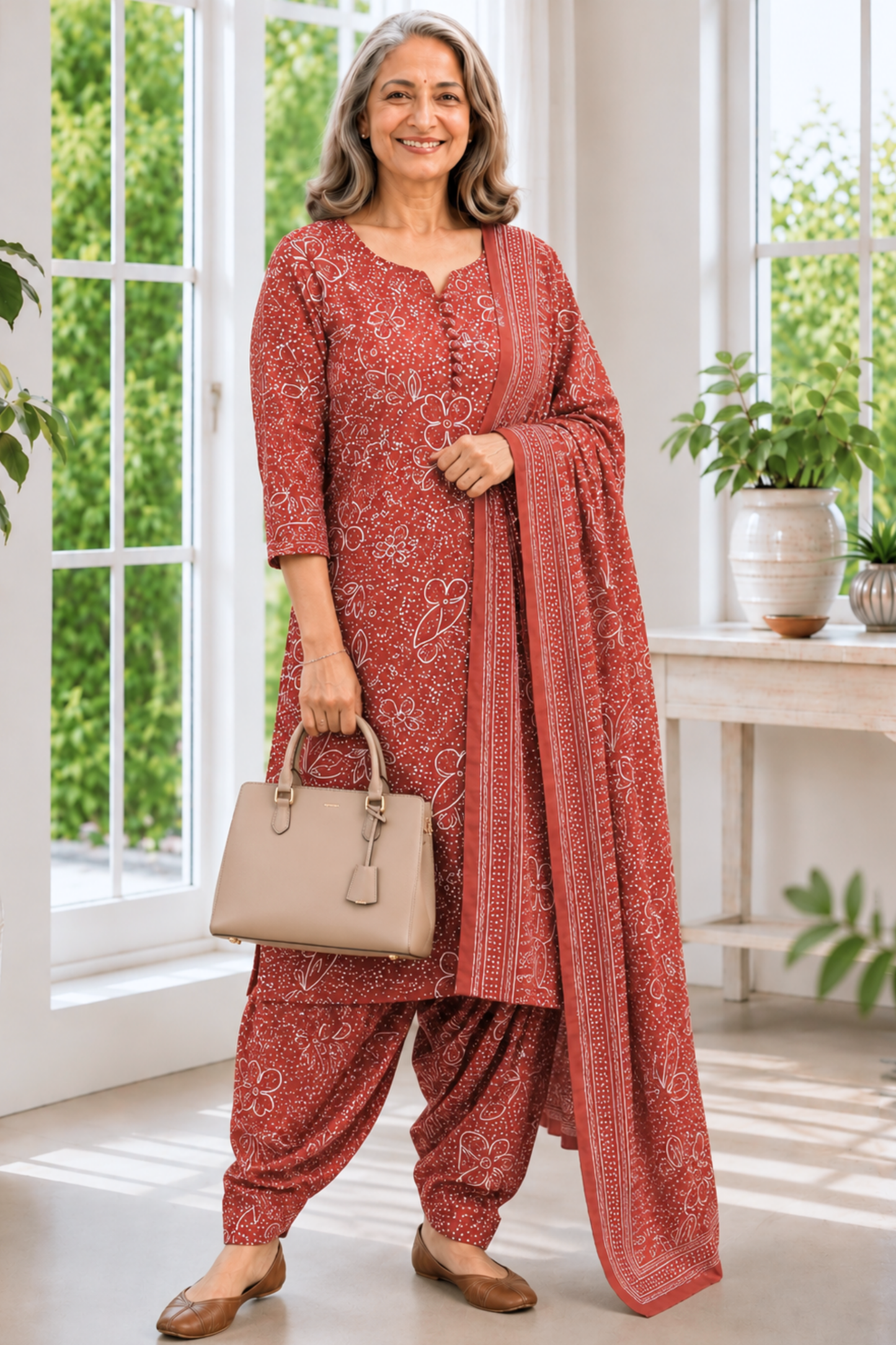 Rust Camellia Foiled Cotton Salwar Suit